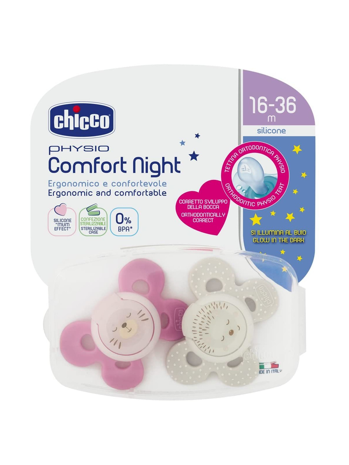 Succhietto comfort night girl silicone 16-36 mesi 2 pz - Chicco