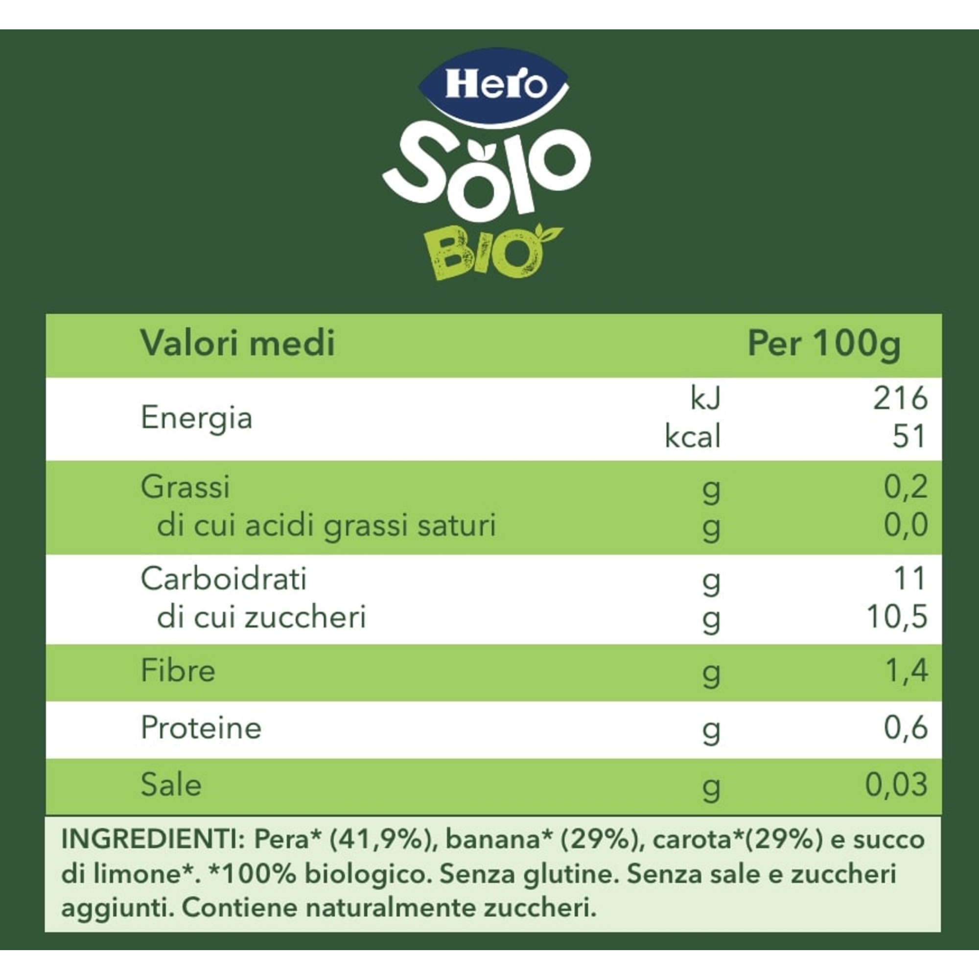 Hero solo omogeneizzati frutta pera banana e carota bio 6x120 gr - Hero