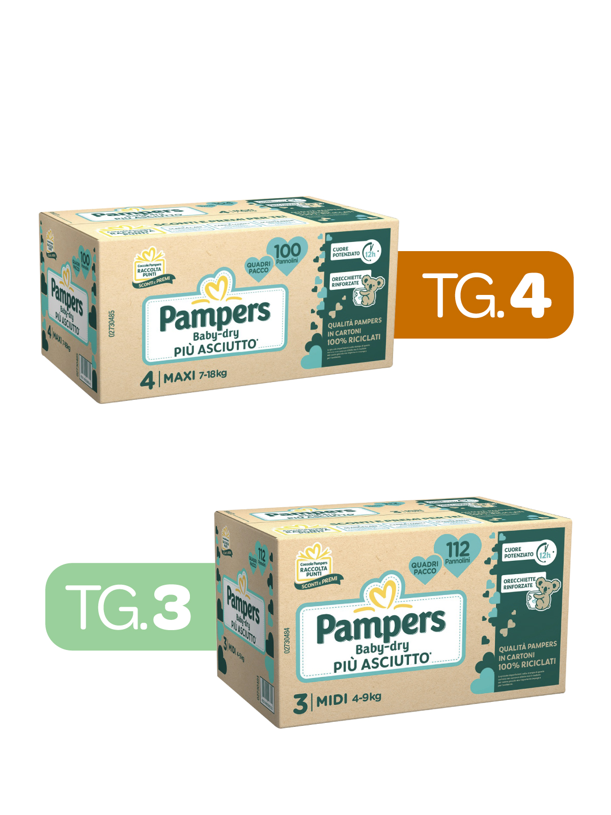 Pampers – quadri baby dry taglia 3 (4-9 kg) – 112 pz +  quadri baby dry taglia 4 (7-18 kg) – 104 pz - 