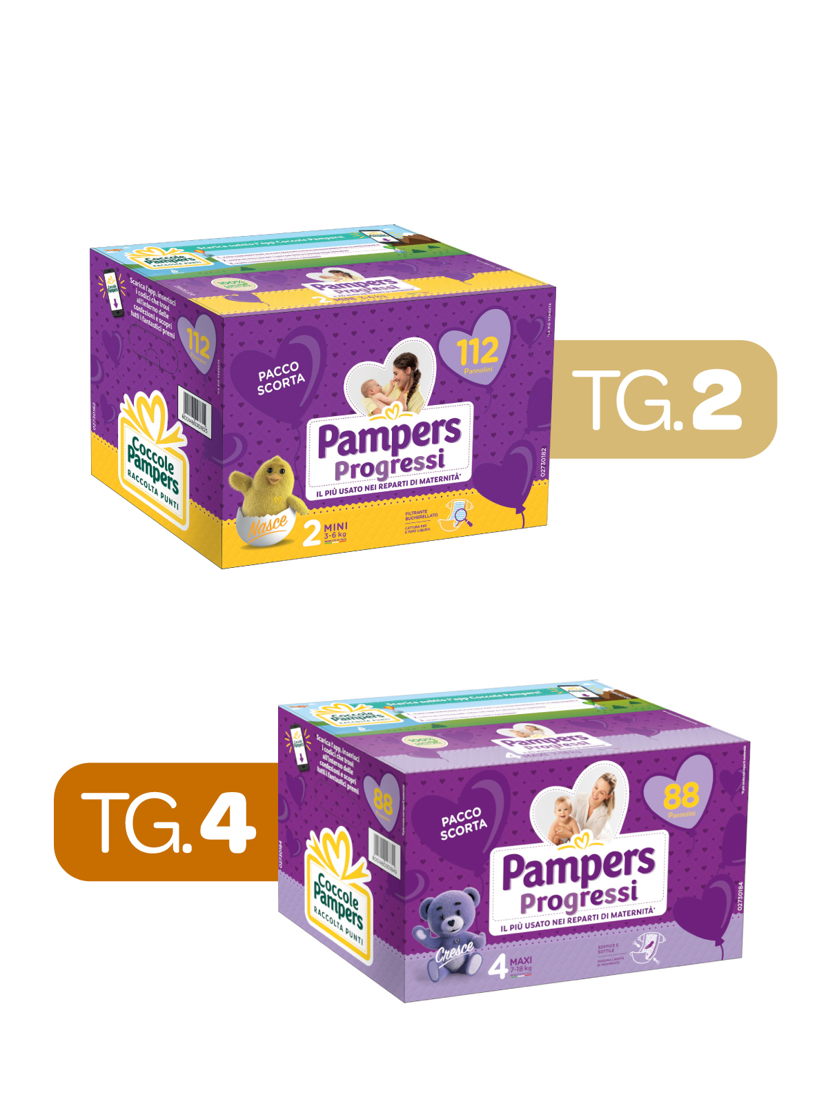 Pampers – quadri progressi tradizionale tg.2 x112 pz + quadri progressi tg.4 x88 pz -