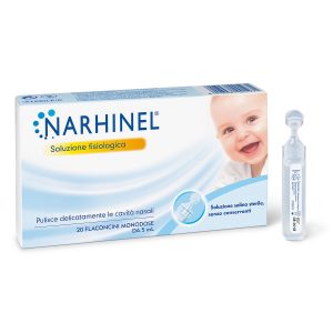 Narhinel soluzione fisiologica, soluzione salina isotonica, detersione delicata delle cavità nasali in caso di naso chiuso, confezione da 20 flaconcini monodose x 5 ml - NARHINEL