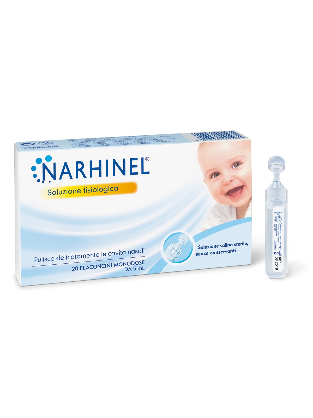 Narhinel soluzione fisiologica, soluzione salina isotonica, detersione delicata delle cavità nasali in caso di naso chiuso, confezione da 20 flaconcini monodose x 5 ml - NARHINEL