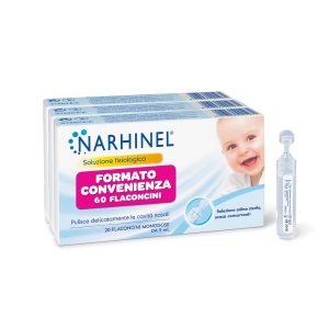 Narhinel tripack soluzione fisiologica, soluzione salina isotonica, detersione delicata delle cavità nasali in caso di naso chiuso, confezione da 60 flaconcini monodose x 5 ml - NARHINEL