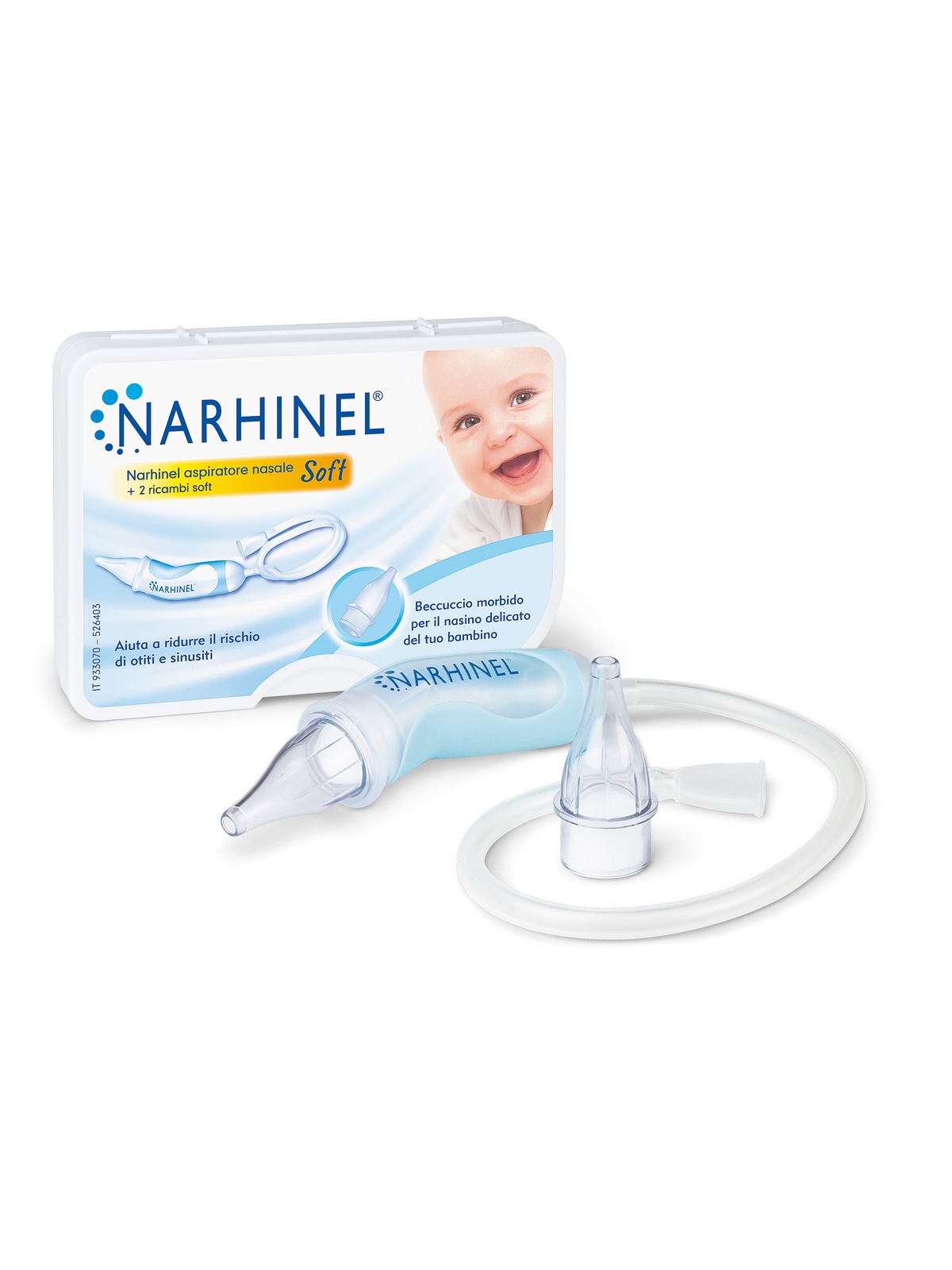 Narhinel aspiratore nasale soft per neonati e bambini, aiuta a liberare il nasino, rimuovendo delicatamente le secrezioni nasali, con 2 ricambi soft - NARHINEL