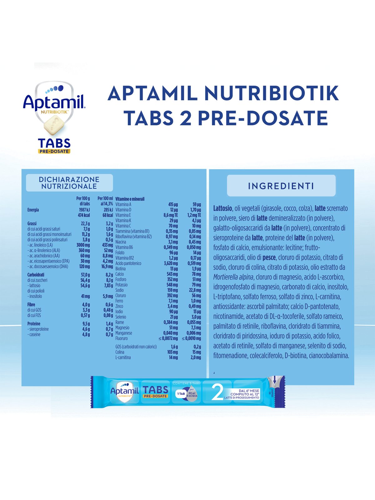 Aptamil nutribiotik tabs 2 pre-dosate  - latte di proseguimento in tabs pre-dosate -  dal 6° mese compiuto al 12° - confezione da 21 bustine ( 105 tabs pre-dosate) - Aptamil