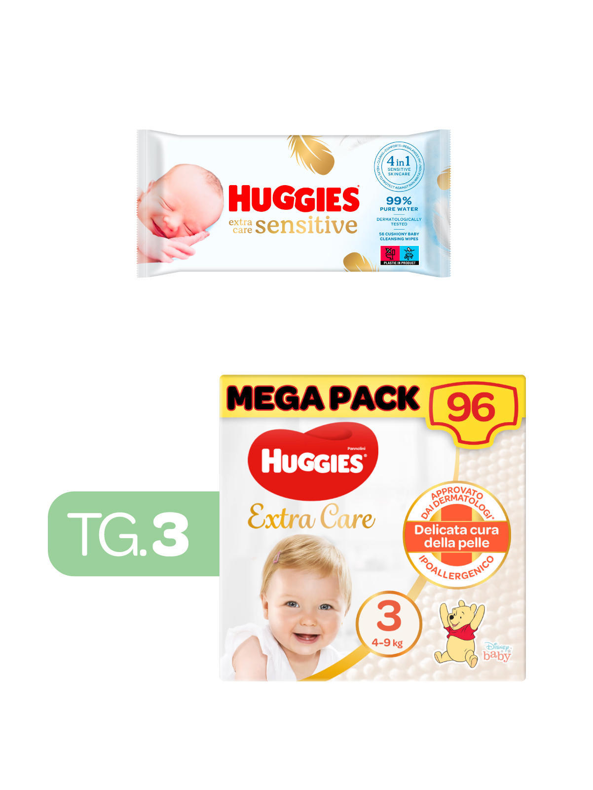 Huggies extra care mega pack tg.3 + huggies -extra care huggies salviette  56 - 