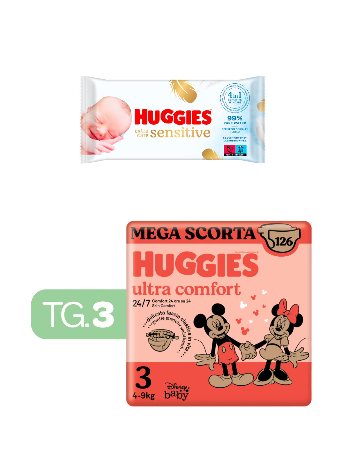 Huggies ultra comfort megapack tg.3 - 126 pezzi + huggies -extra care huggies salviette  56 - 