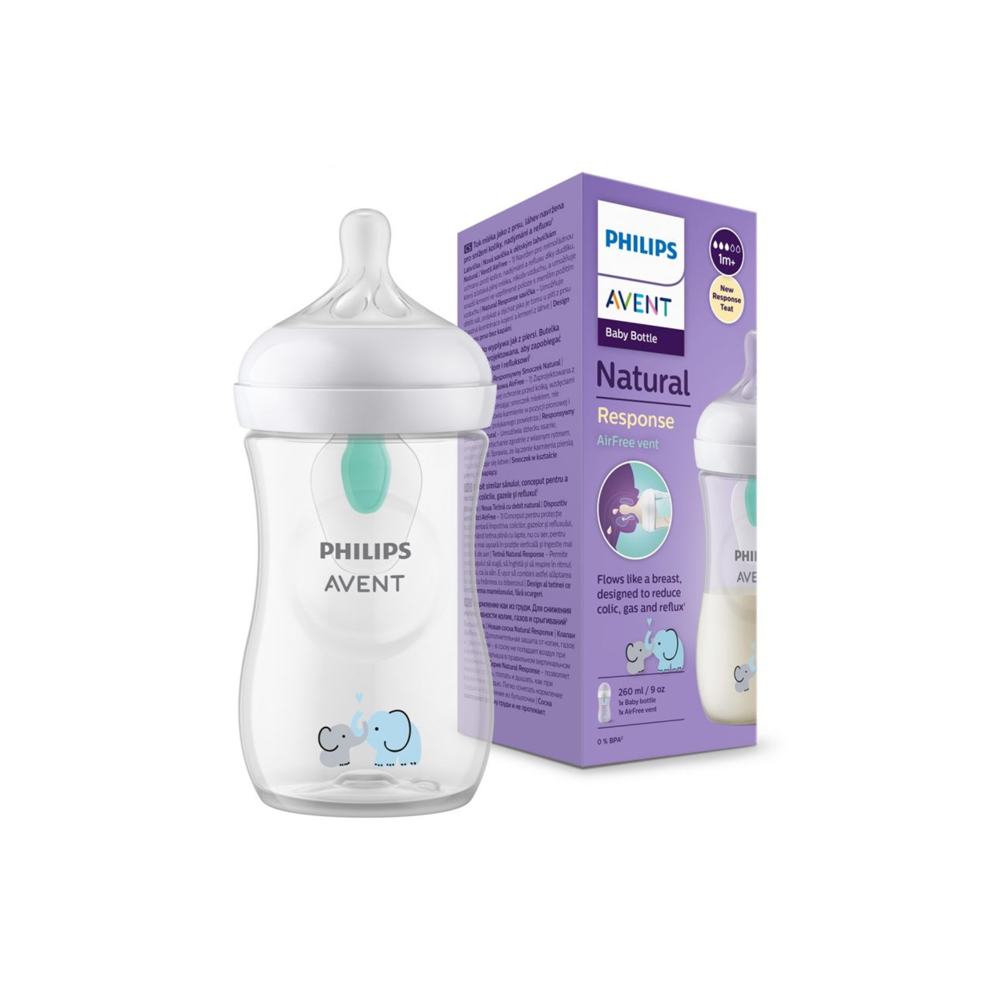 Biberon natural con tettarella a risposta naturale e valvola airfree decorazione elefanti da 260 ml 1m+ | senza bpa - philips avent - Avent