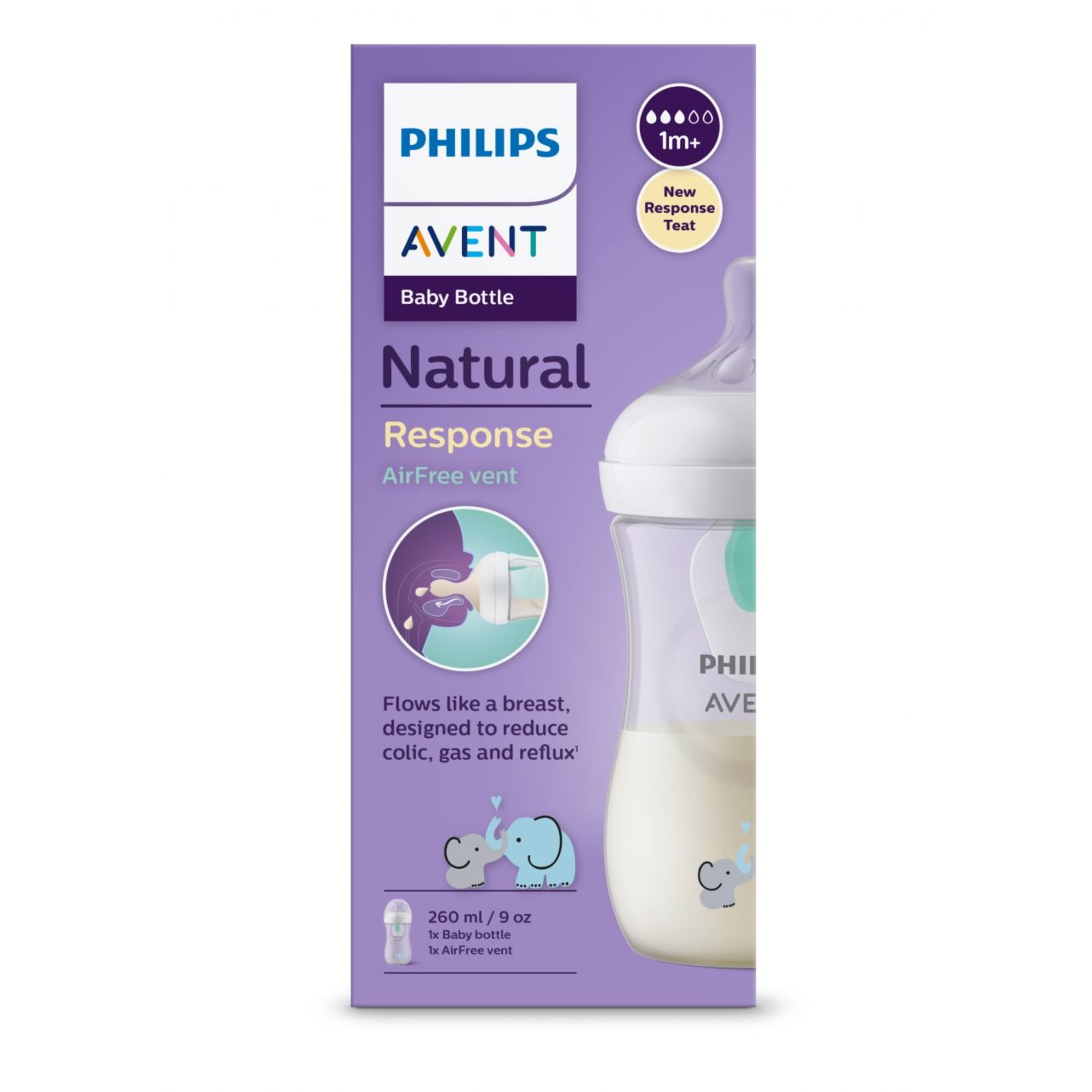 Biberon natural con tettarella a risposta naturale e valvola airfree decorazione elefanti da 260 ml 1m+ | senza bpa - philips avent - Avent