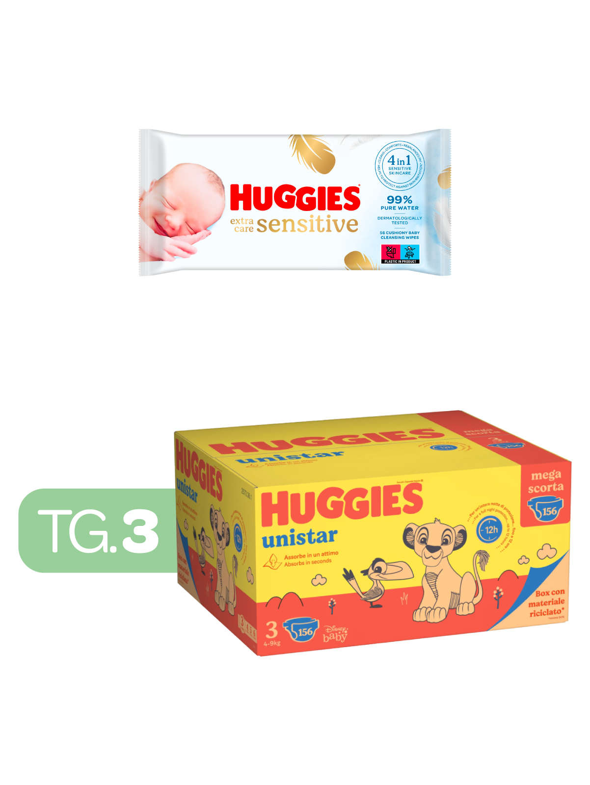 Huggies unistar megapack 4-8 kg tg.3 (midi) - 156 pz + huggies - extra care huggies salviette  56 - 