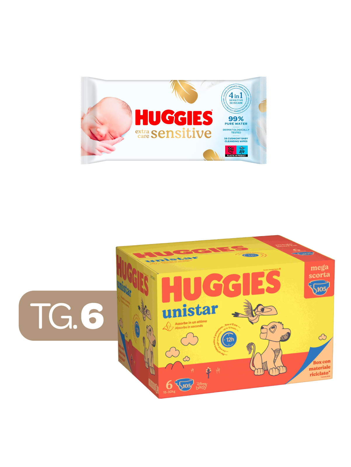 Huggies  unistar megapack 15-30 kg tg.6 (extralarge) - 105 pz + huggies - extra care huggies salviette  56 - 