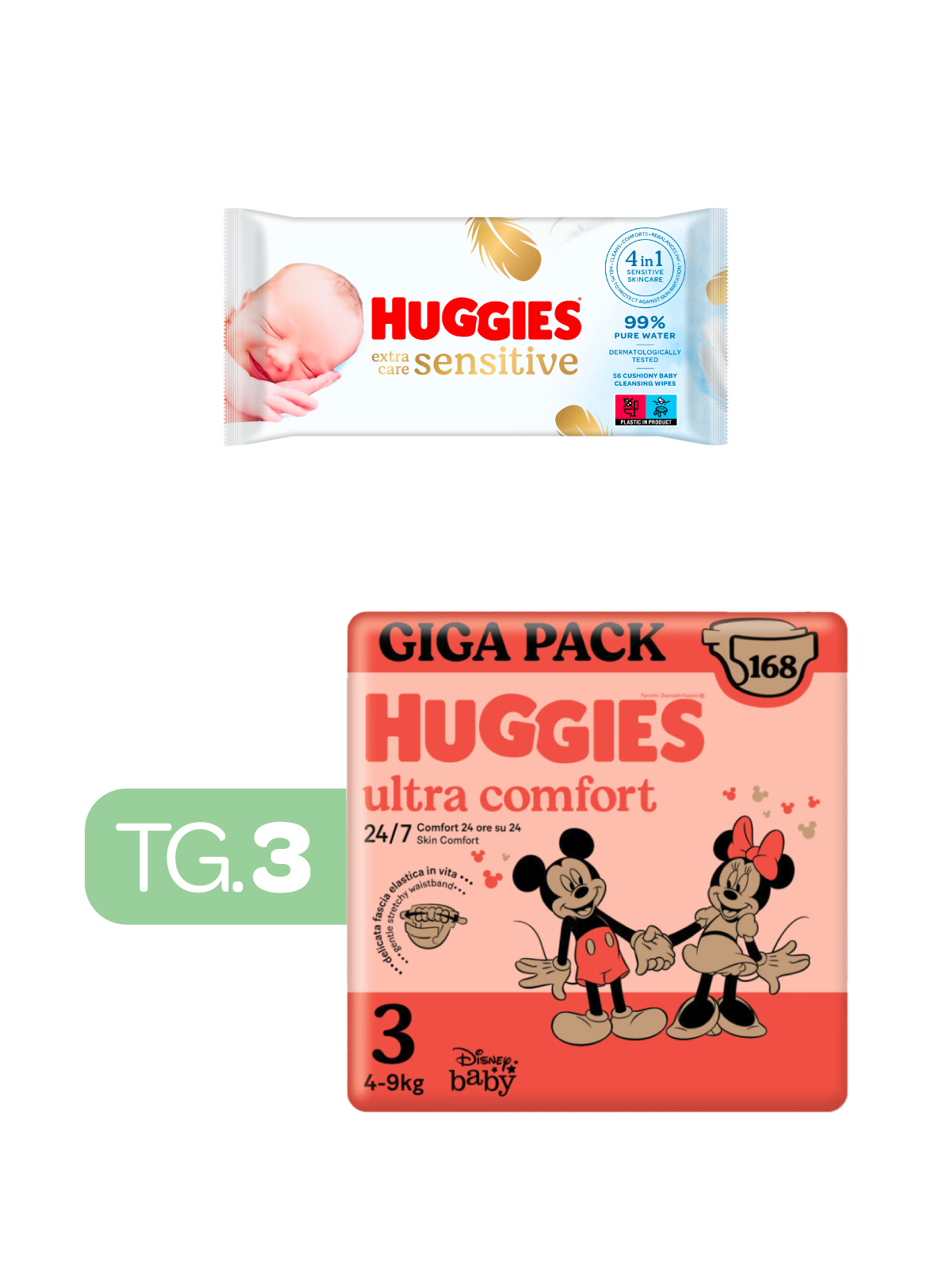 Huggies ultra comfort gigapack tg 3 168 pezzi + huggies - extra care huggies salviette  56 - 