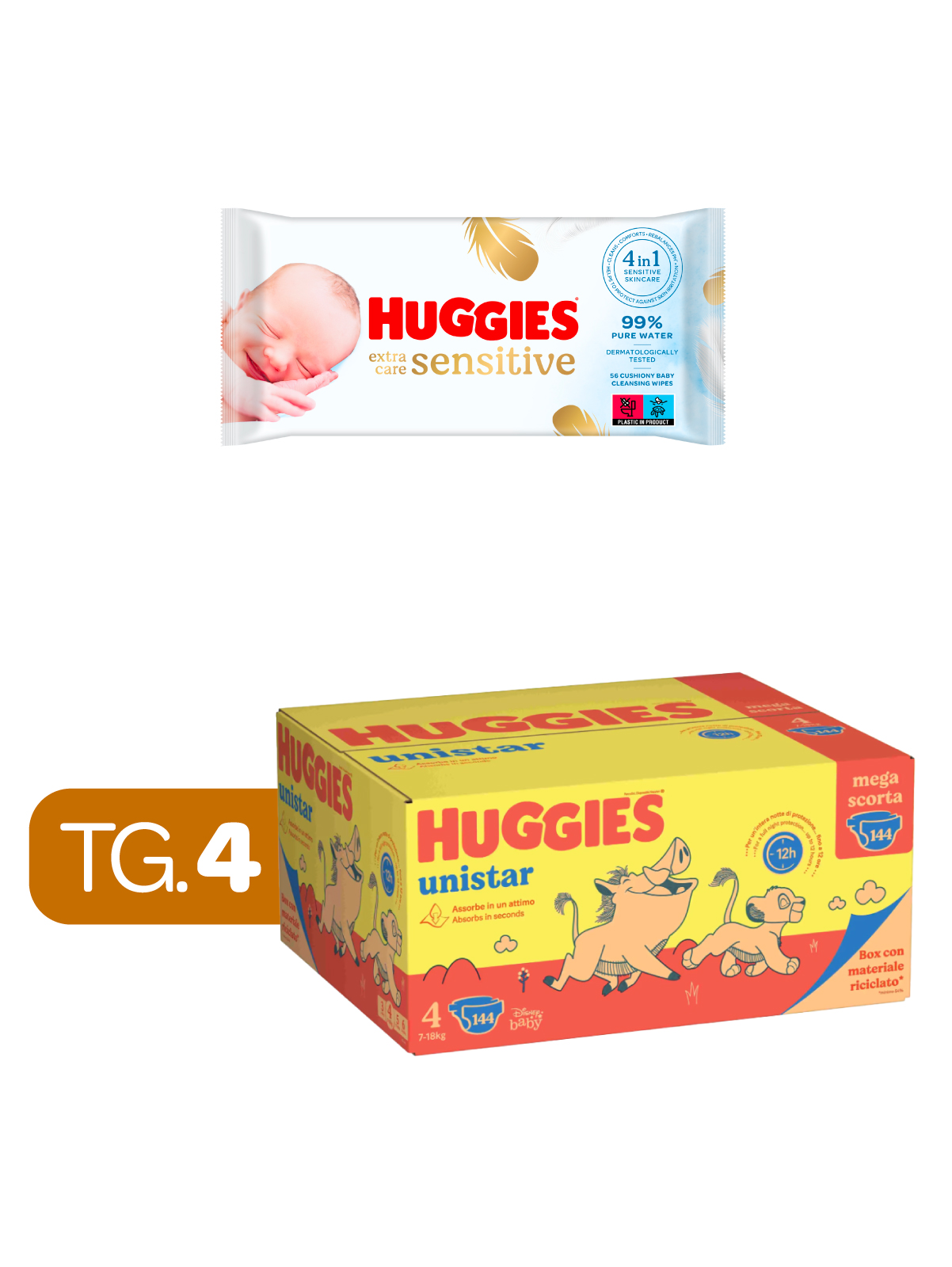 Huggies  unistar megapack 7-18 kg kg tg.4 (maxi) - 144 pz + huggies - extra care huggies salviette  56 - 