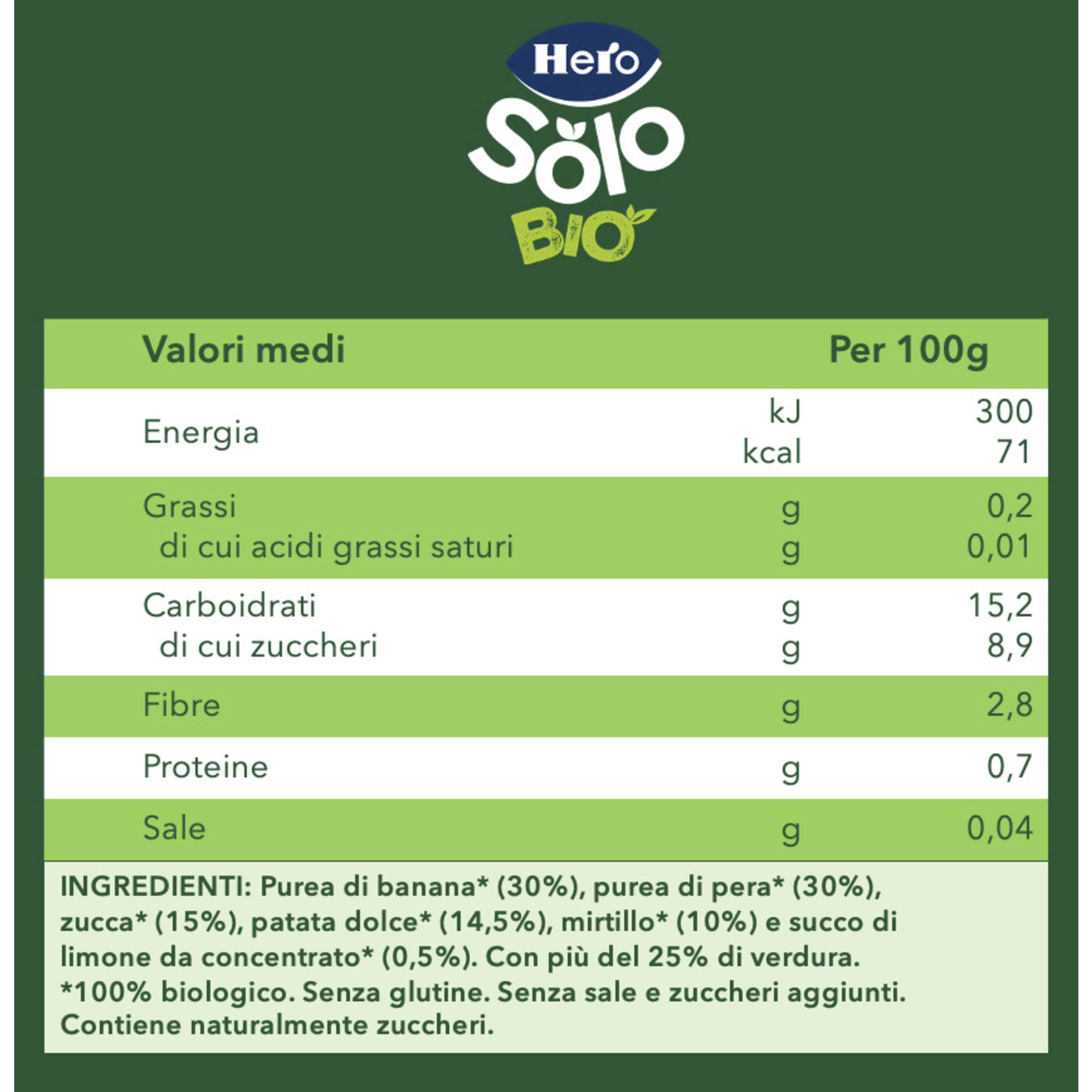 Hero solo pouch pera banana zucca patata dolce e mirtillo 100 gr - Hero