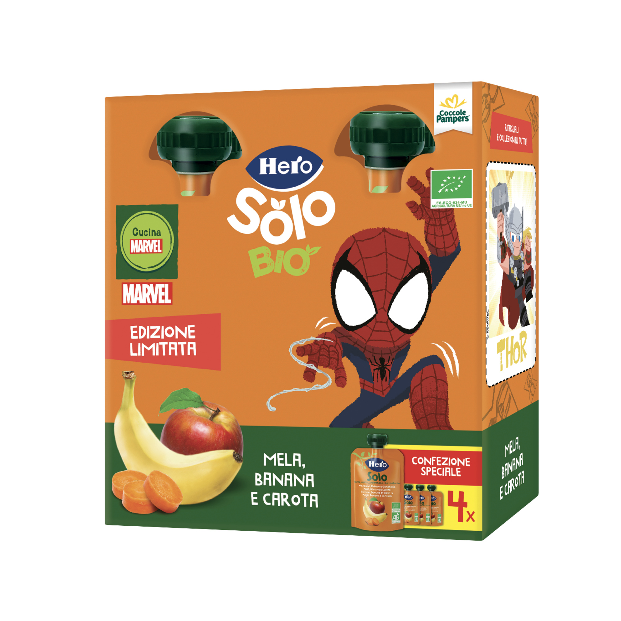 Hero solo pouch biologico mela banana e carota - multipack 4x100 gr - marvel - Hero