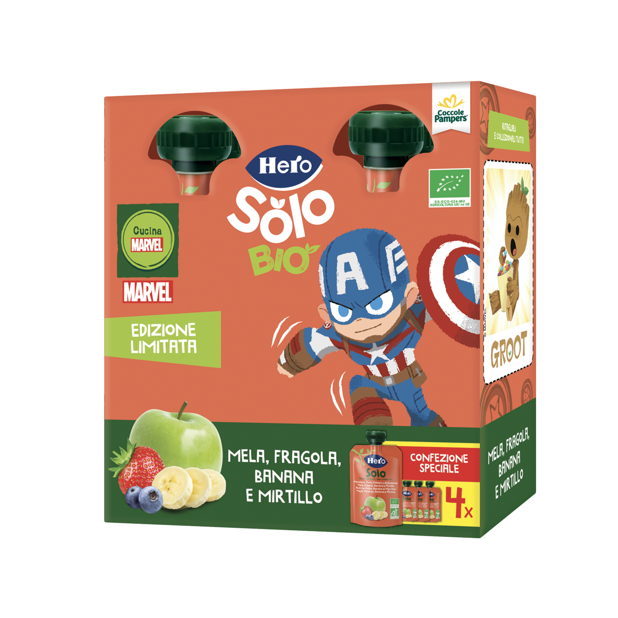 Hero solo pouch biologico mela fragola banana e mirtillo - multipack 4x100 gr - marvel - Hero