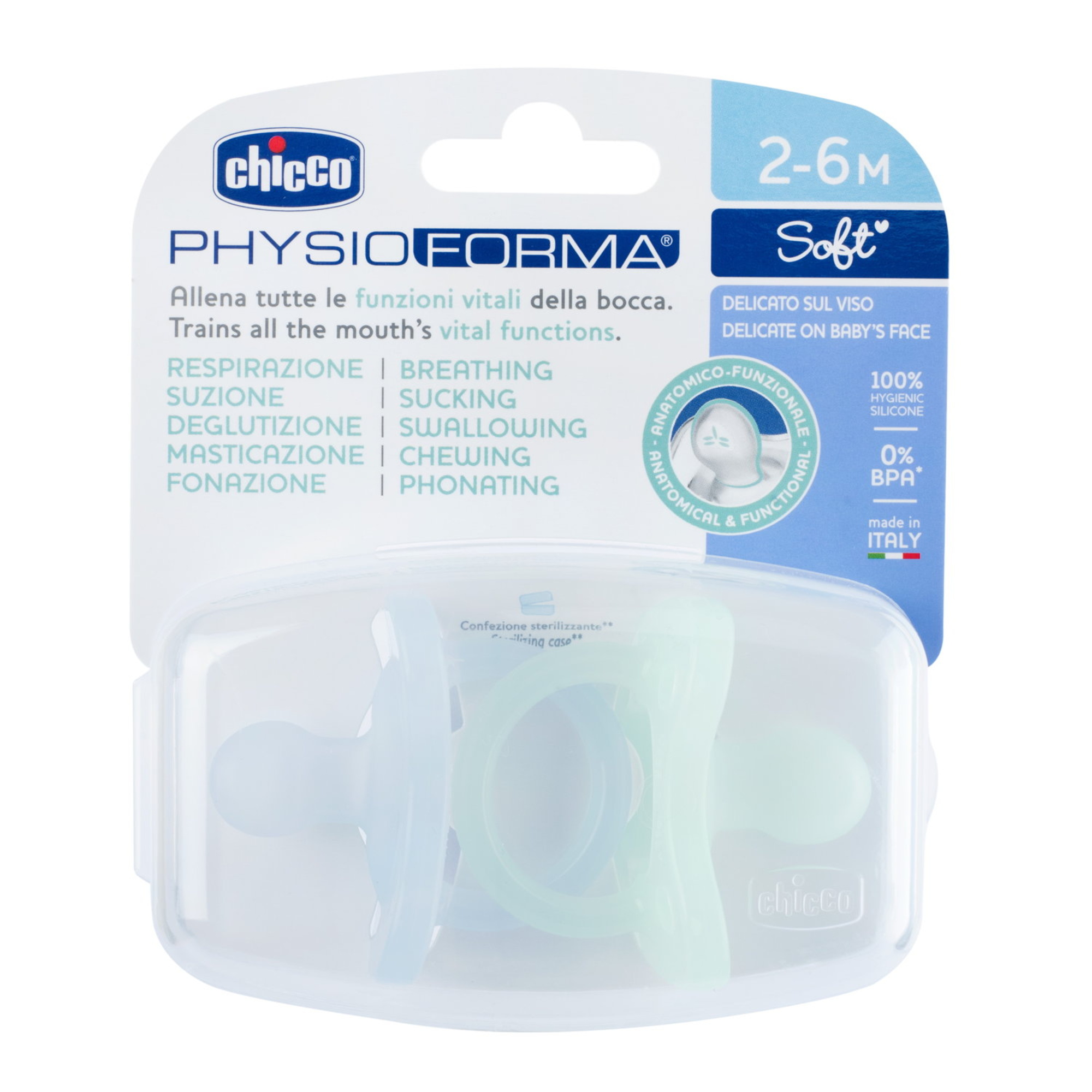 Chicco - physioforma gommotto azzuro/verde in silicone 2 pezzi | 2-6 mesi - Chicco