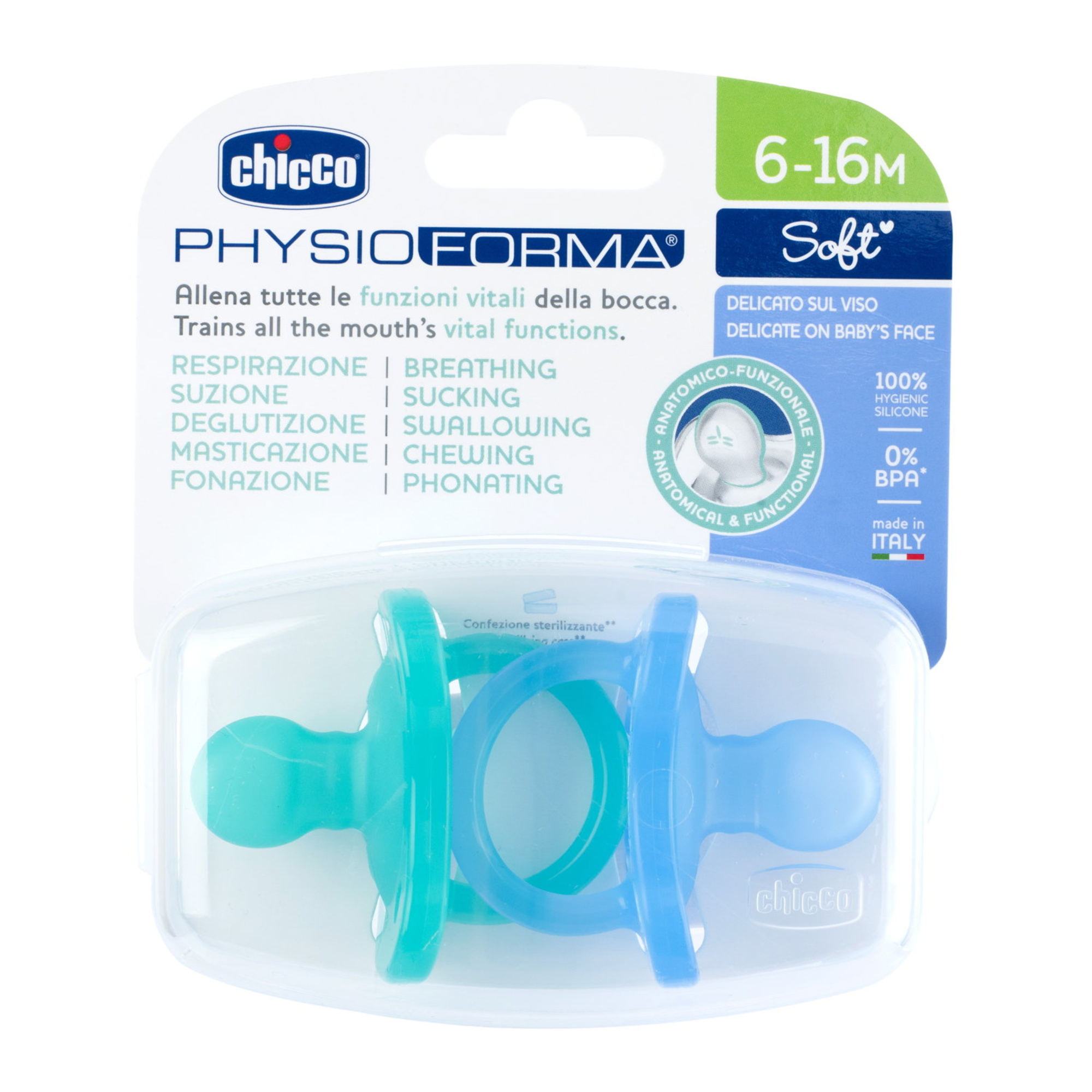 Chicco - physioforma gommotto blu/verde in silicone 2 pezzi | 6-16 mesi - Chicco