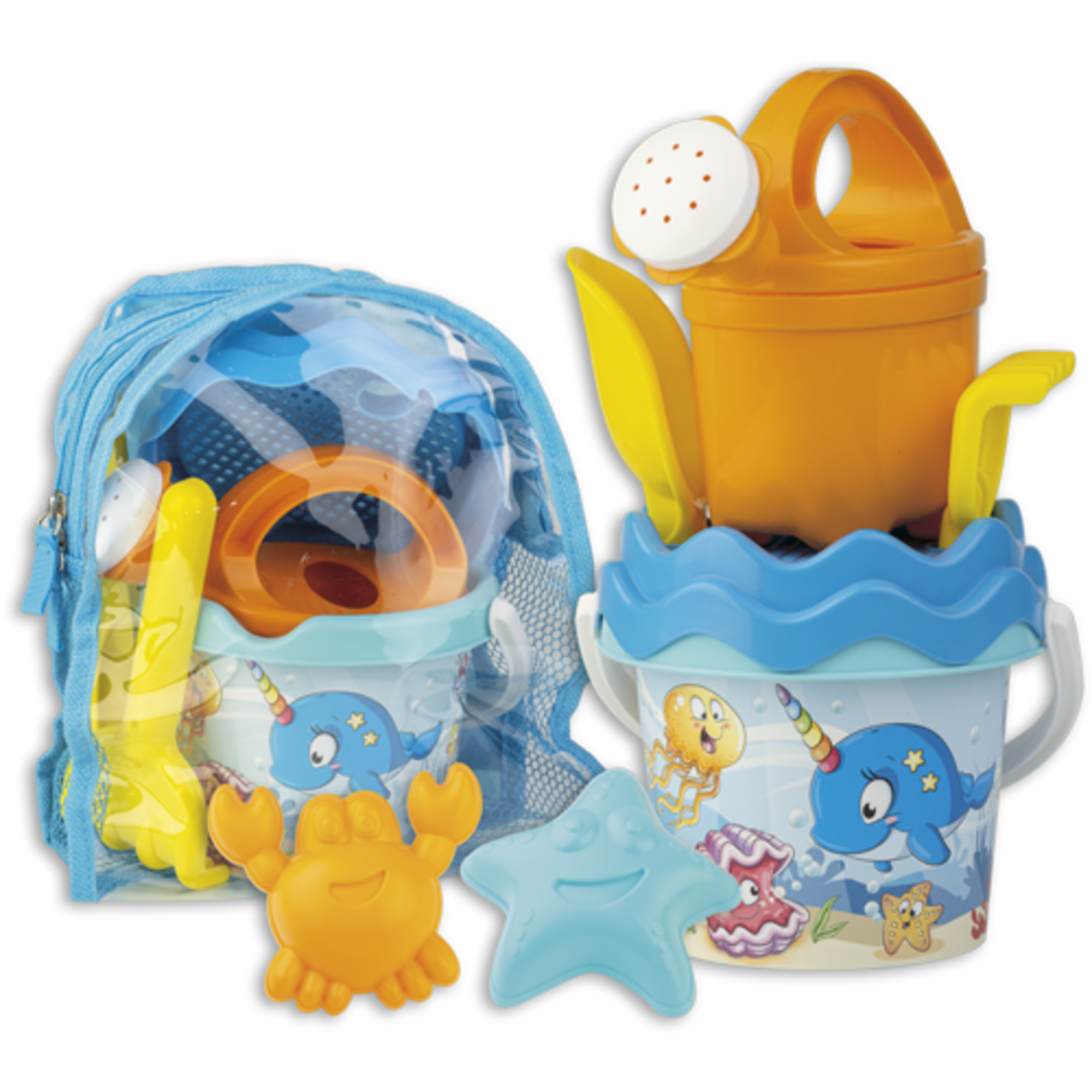 Set mare spiaggia con secchielli decori fish ed unicorno,  contenuti in borsa zaino - No brand