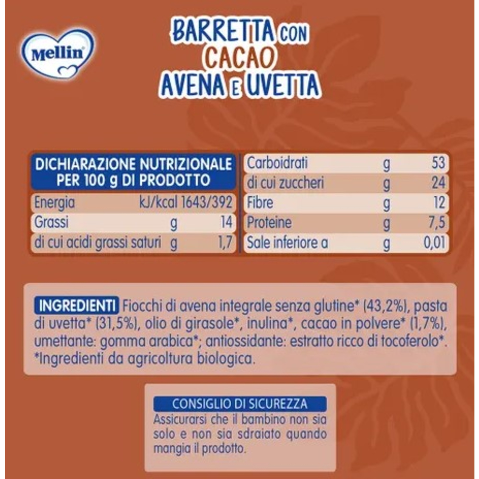 Mellin barretta cacao avena uvetta 20 gr - Mellin