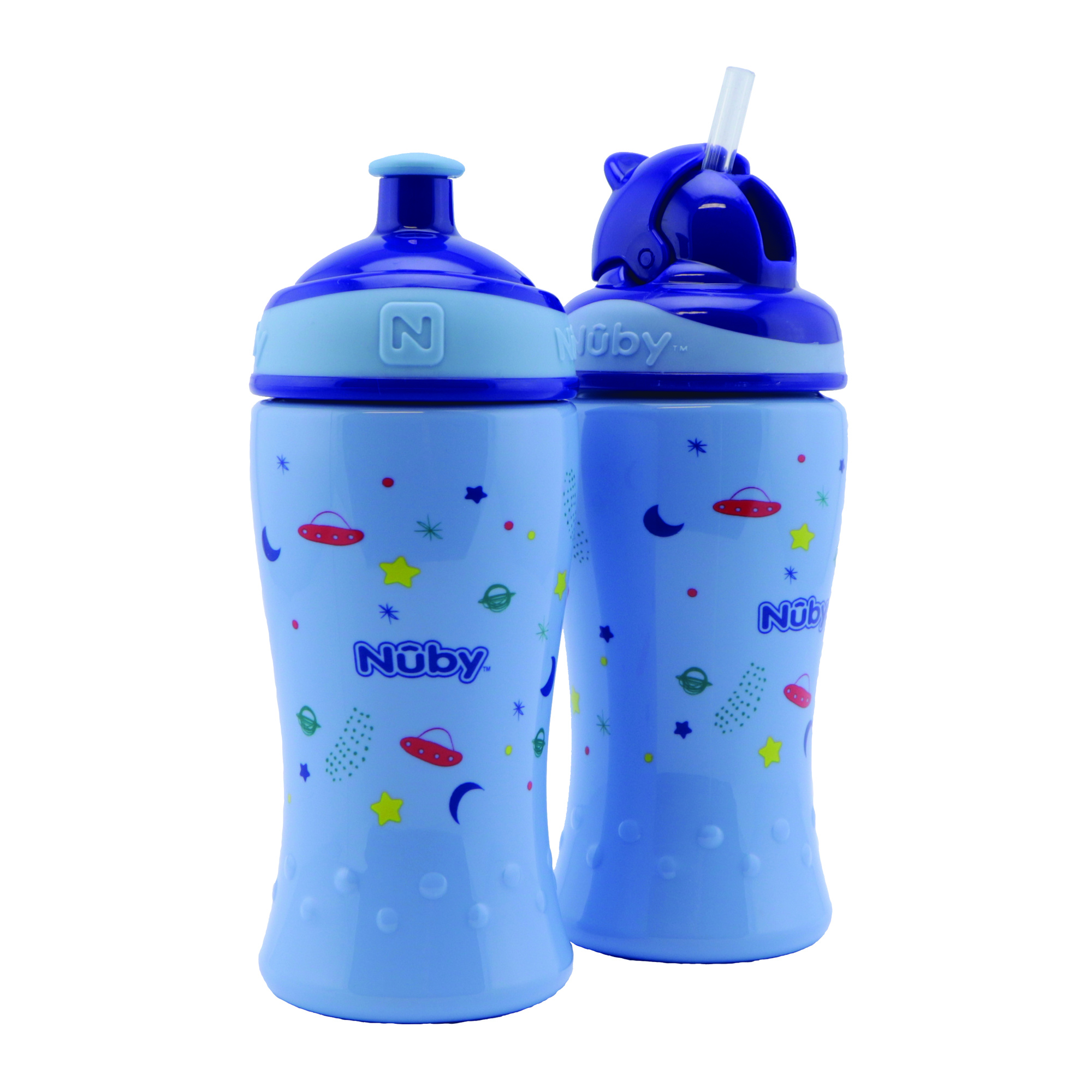 Nuby - confezione doppia: borraccia flip-it cup - 360 ml - azzurro - 12m+ / borraccia free flow con beccuccio pop-up - 360 ml - azzurro - 18m+ - Nuby