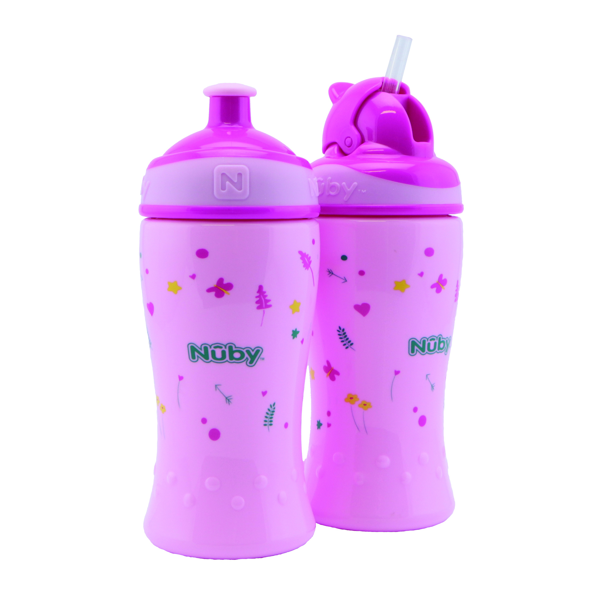 Nuby - confezione doppia: borraccia flip-it cup - 360 ml - rosa - 12m+ / borraccia free flow con beccuccio pop-up - 360 ml - rosa - 18m+ - Nuby