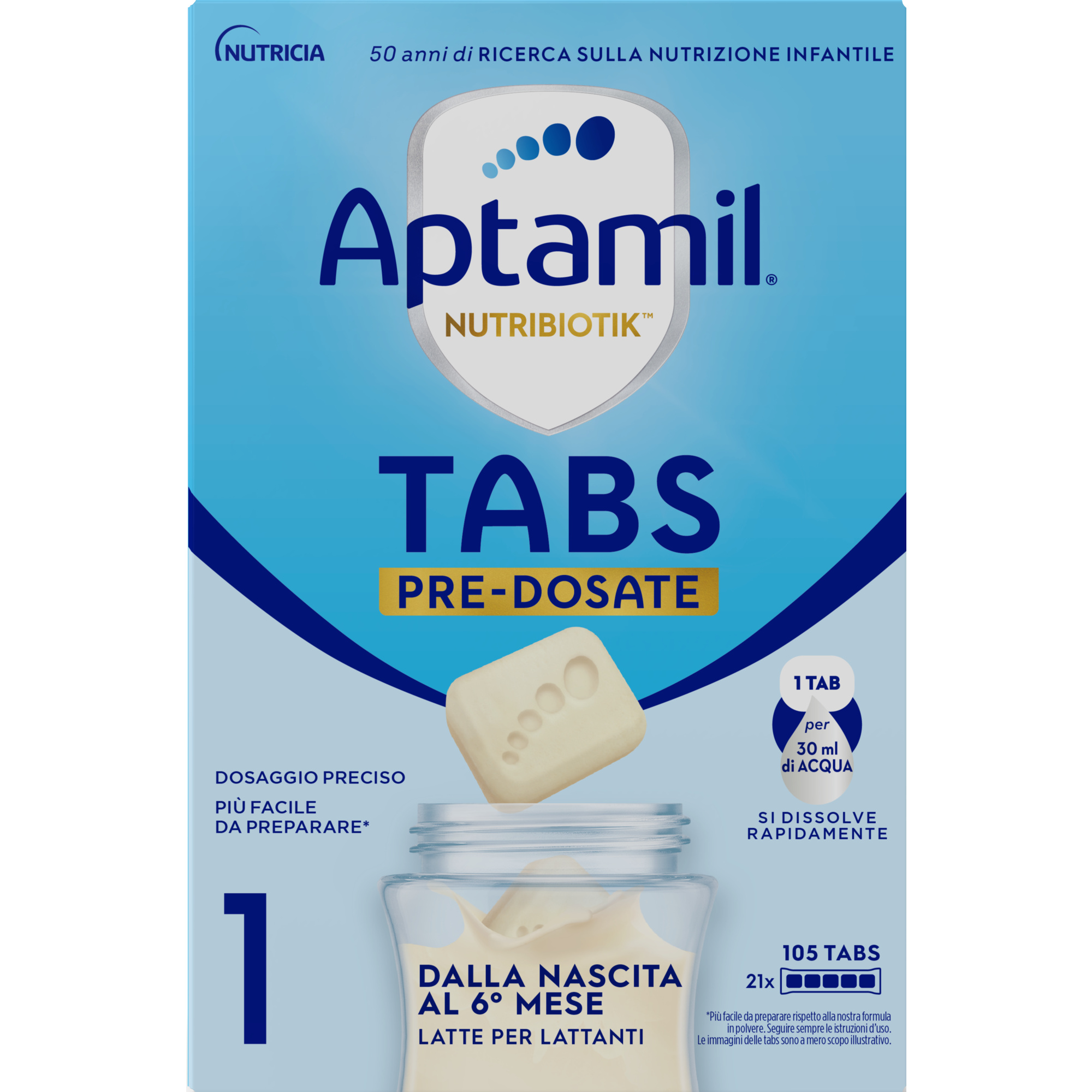 Nutribiotik tabs 1 pre-dosate - latte per lattanti in tabs 0-6 mesi - 21 bustine (105 tabs) - aptamil - Aptamil