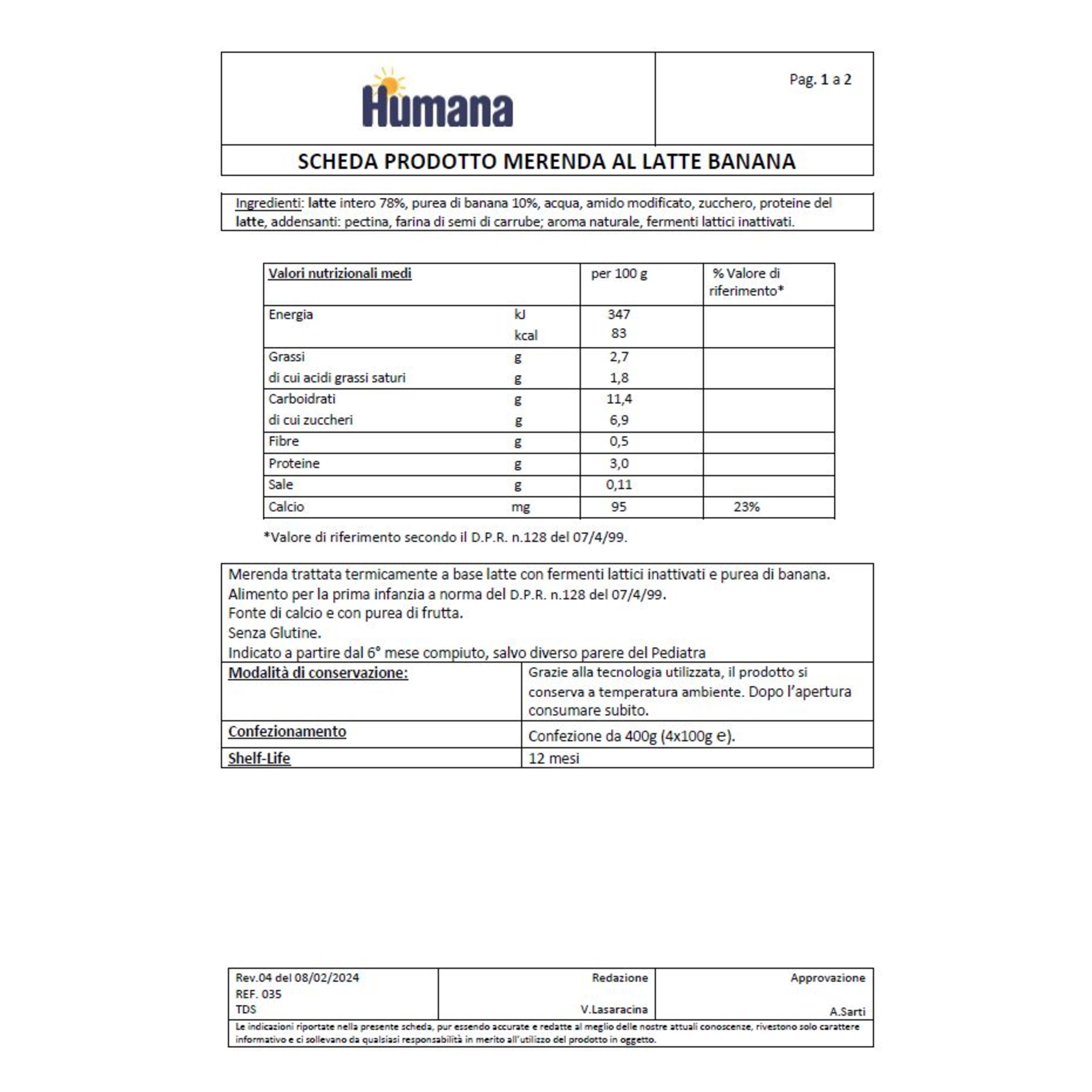 Humana merenda latte banana 4x100gr - Humana