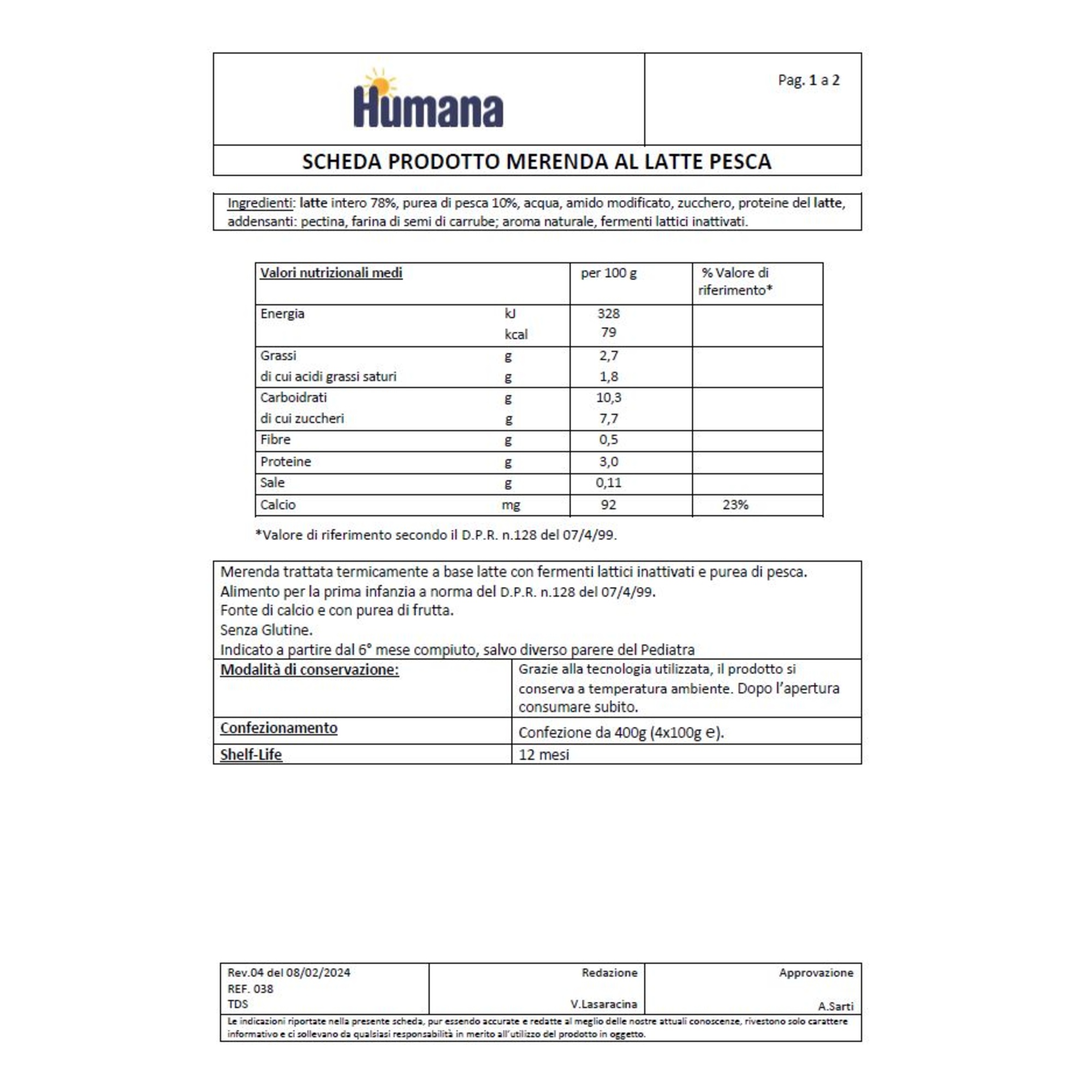 Humana merenda latte pesca 4x100gr - Humana