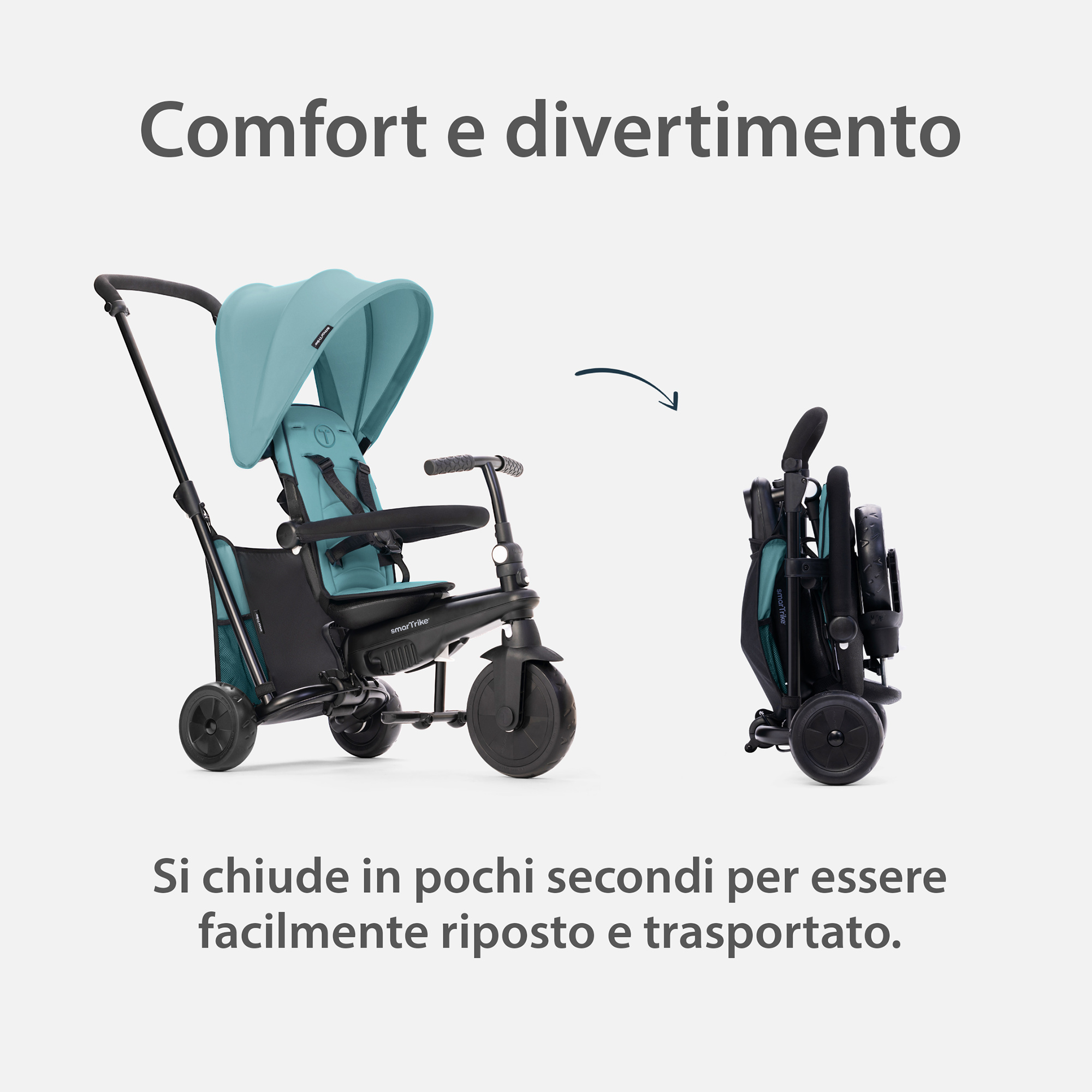 Triciclo str™3 plus - colore turchese - ideale per bambini da 10 mesi a 3 anni - stabilità e comfort - Baby Smile Original