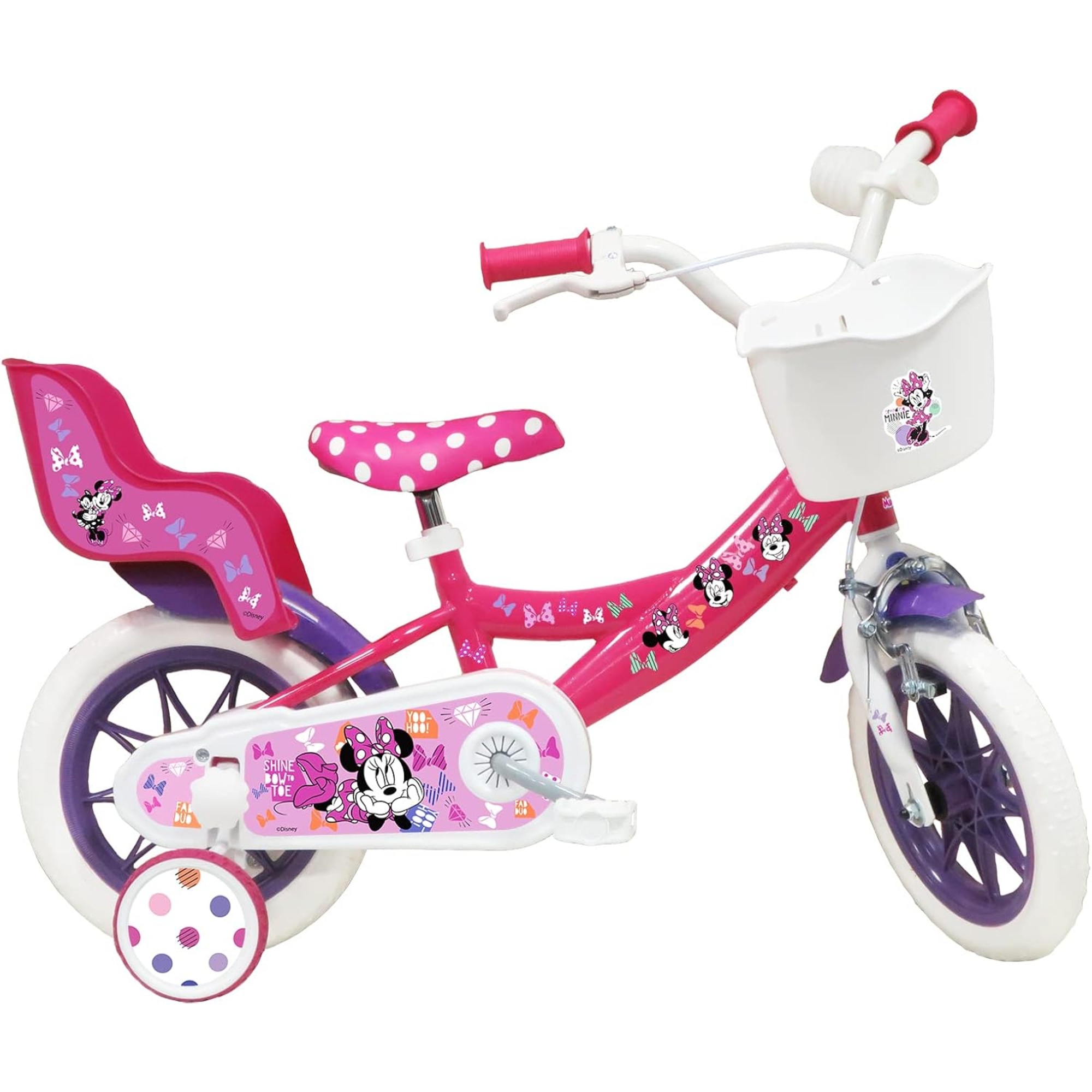 Bicicletta da 12 pollici di minnie, con stabilizzatori laterali, cestino anteriore personalizzato - Minnie