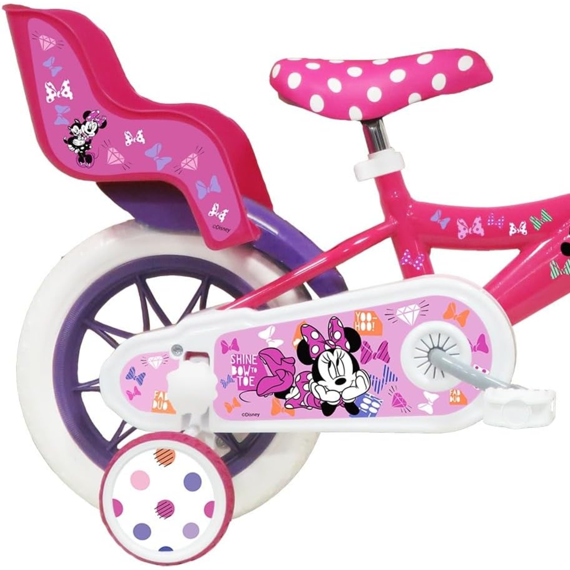 Bicicletta da 12 pollici di minnie, con stabilizzatori laterali, cestino anteriore personalizzato - Minnie