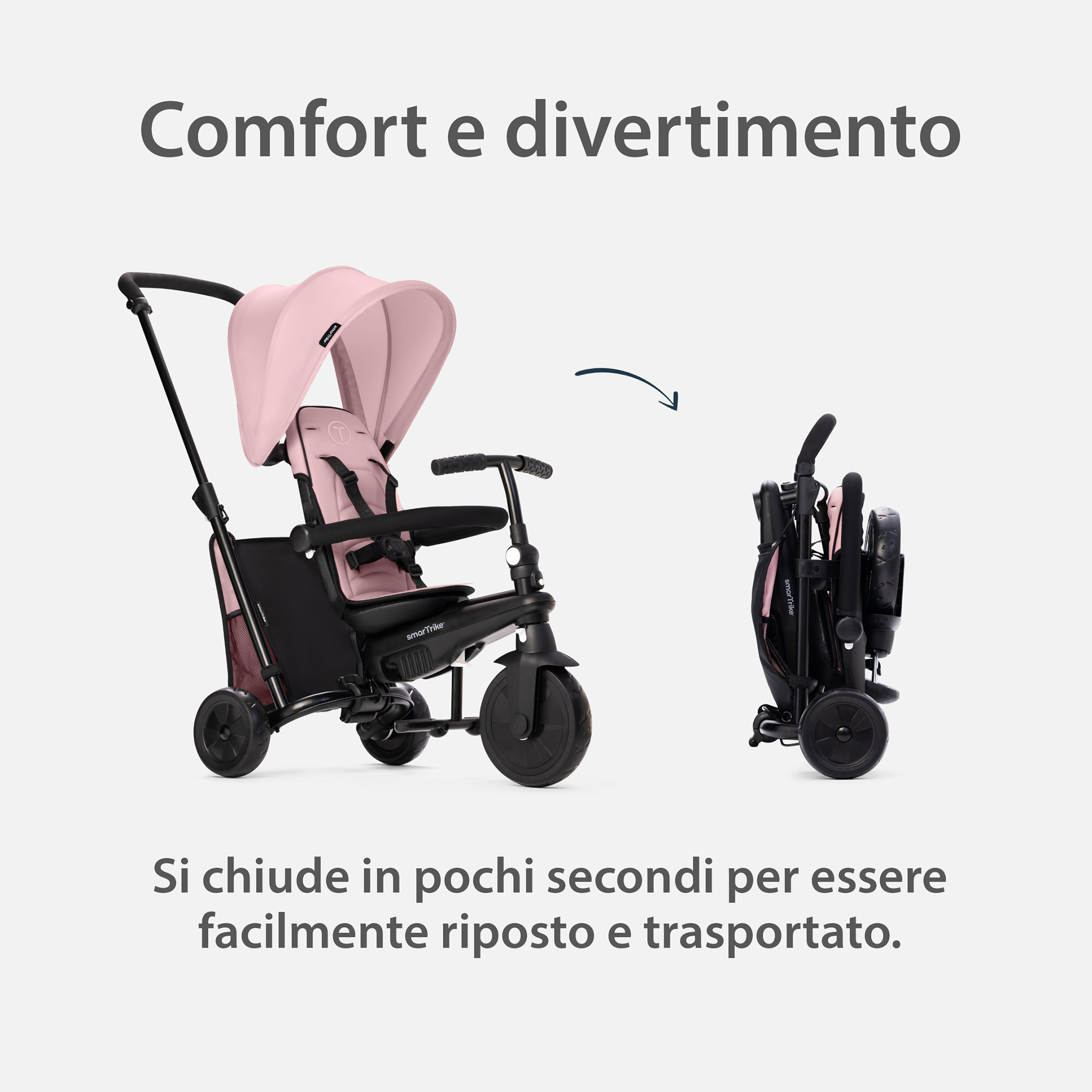 Triciclo str™3 plus - colore rosa - ideale per bambini da 10 mesi a 3 anni - stabilità e comfort - Baby Smile Original