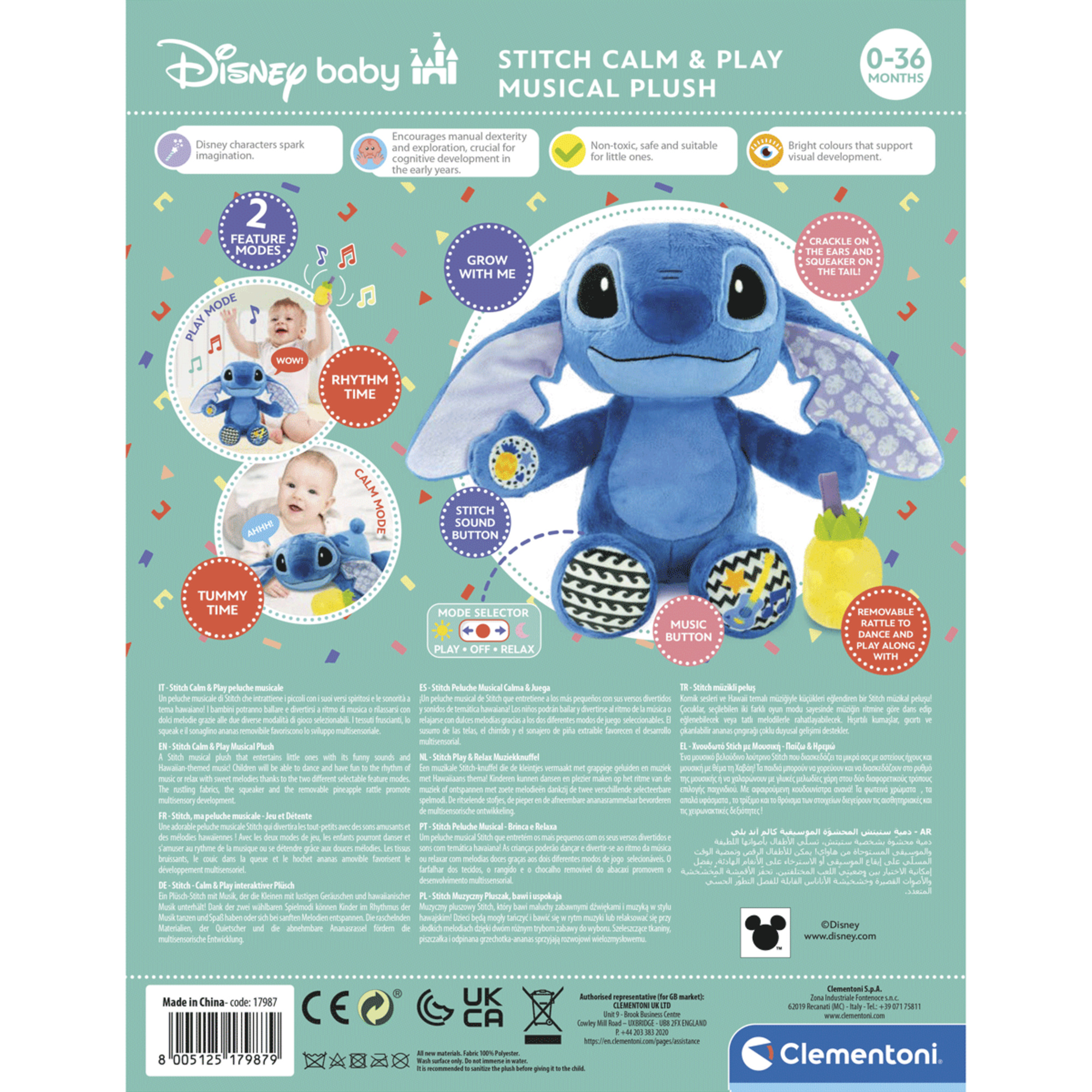 Baby clementoni - disney baby stitch musical plush - 0m+ - Baby Clementoni