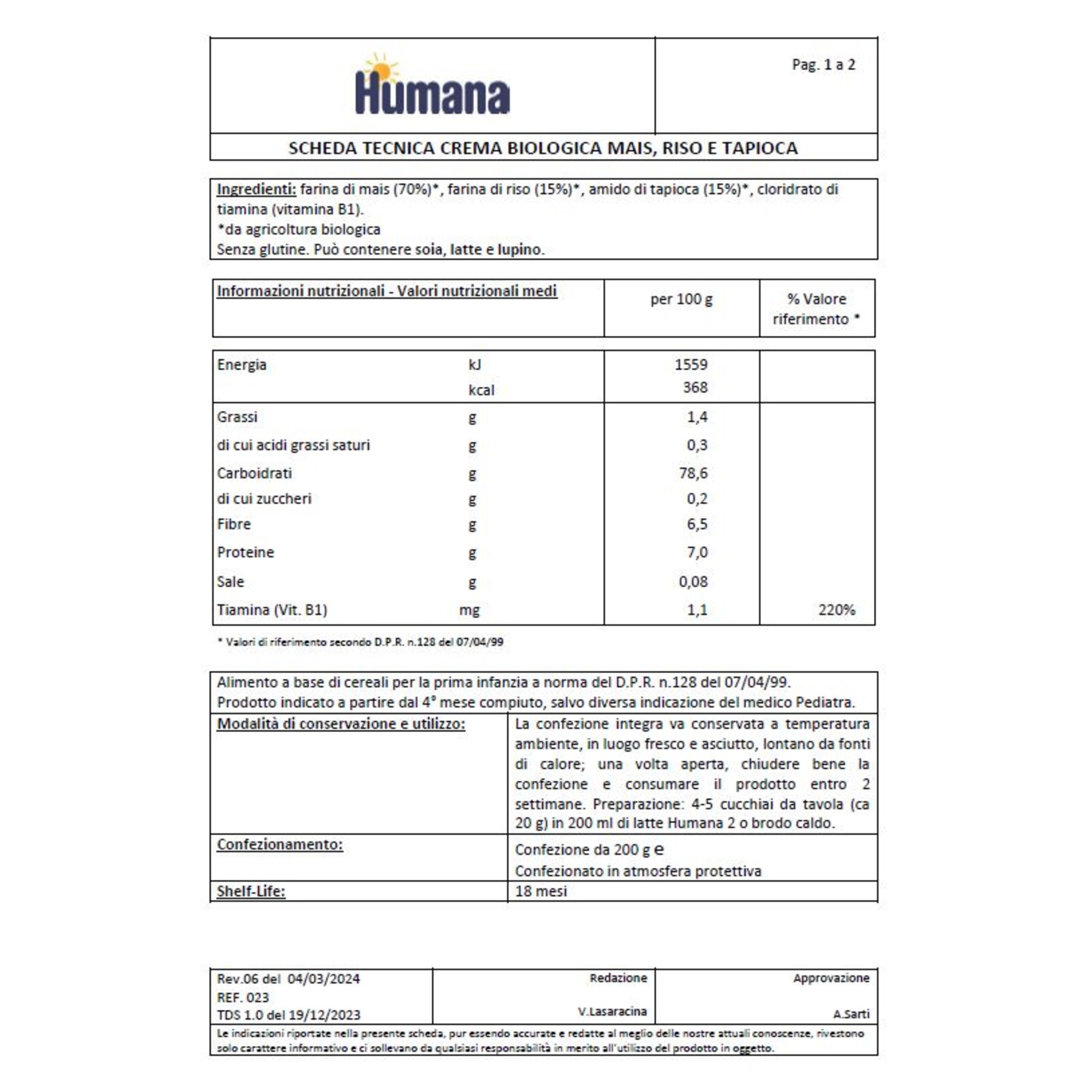 Crema biologica mais riso tapioca 200g - humana - Humana