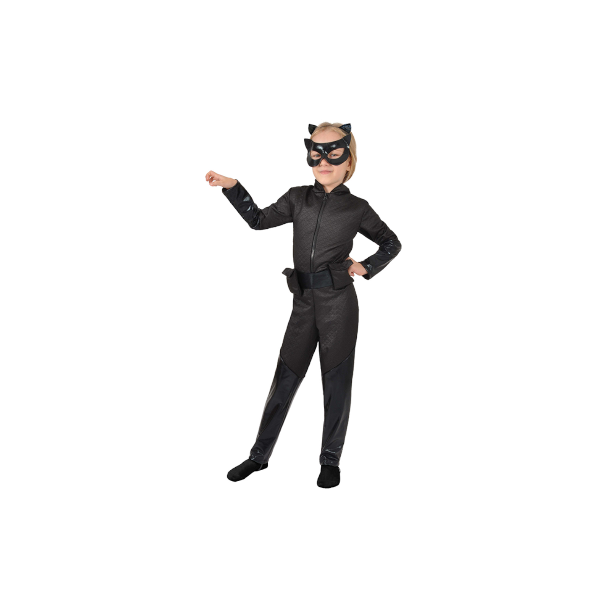 Costume  da catwoman con tuta nera trapuntata, cerchietto con orecchie e maschera - 8-10 anni - BATMAN