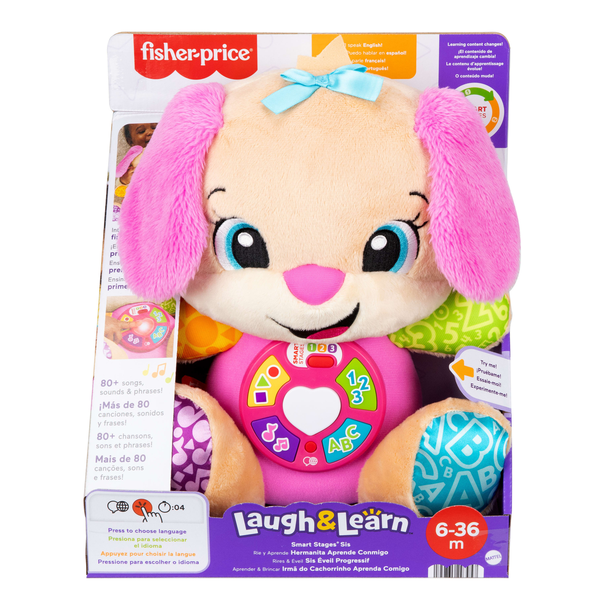 Fisher-price - la sorella di cagnolino smart stages, peluche rosa musicale per l'apprendimento con luci, suoni e frasi - FISHER PRICE