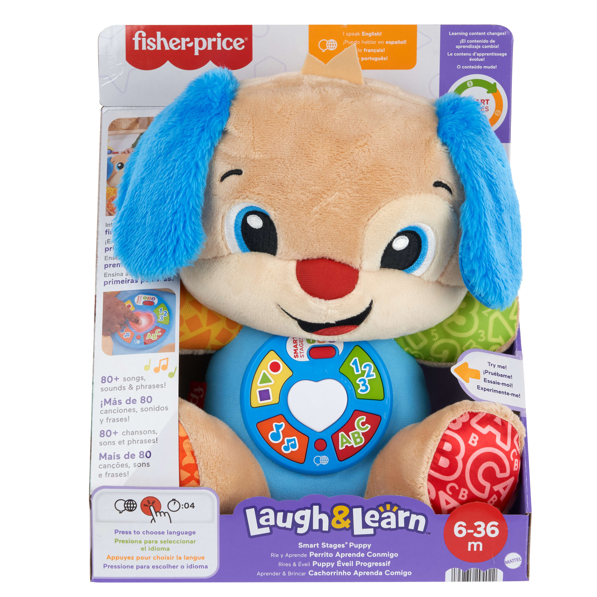 Fisher-price - il cagnolino smart stages blu, peluche musicale per l'apprendimento con luci, suoni e frasi - FISHER PRICE