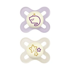 Succhietto original start night 0-2 mesi, si illumina al buio. set da 2, tettarella ortodontica, caucciù e porta ciuccio sterilizzatore, lilla - mam - Mam