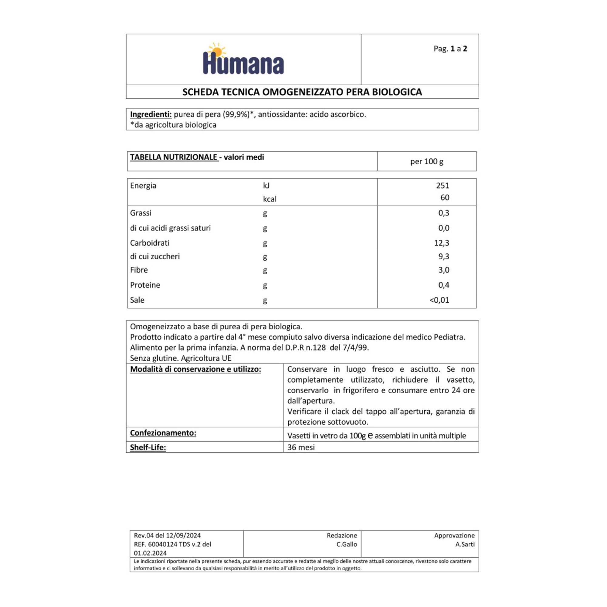 Omogeneizzato biologico  pera 4x100g - humana - Humana
