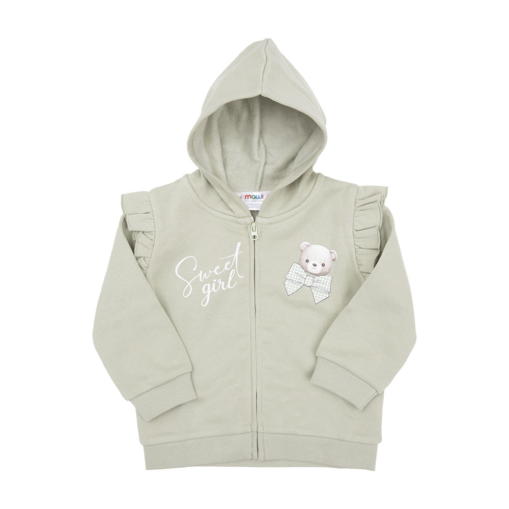Felpa bimba verde con zip e cappuccio stampata - Mawi