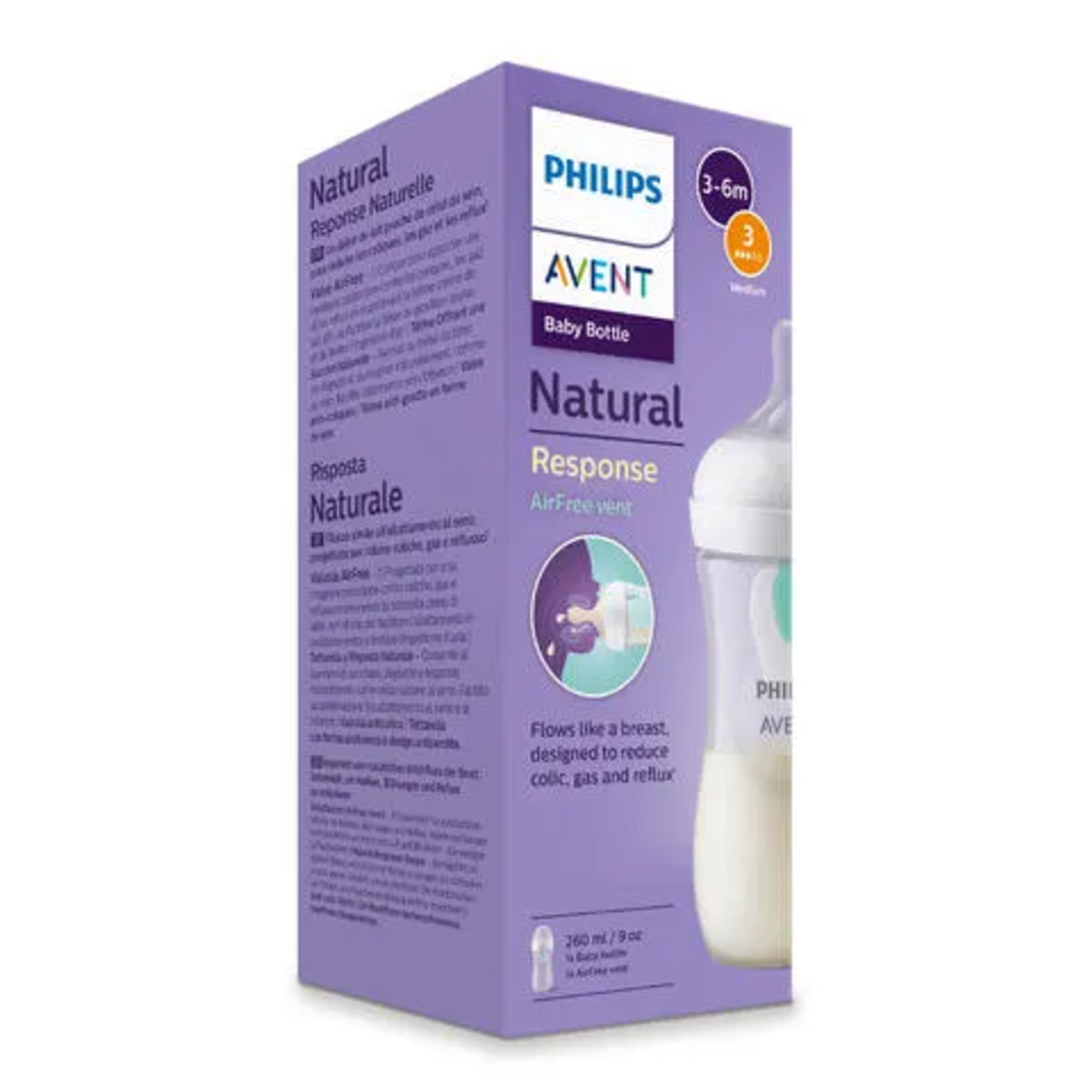 Biberon natural con tettarella a risposta naturale e valvola airfree da 260 ml 3-6m flusso 3 | senza bpa - philips avent - Avent
