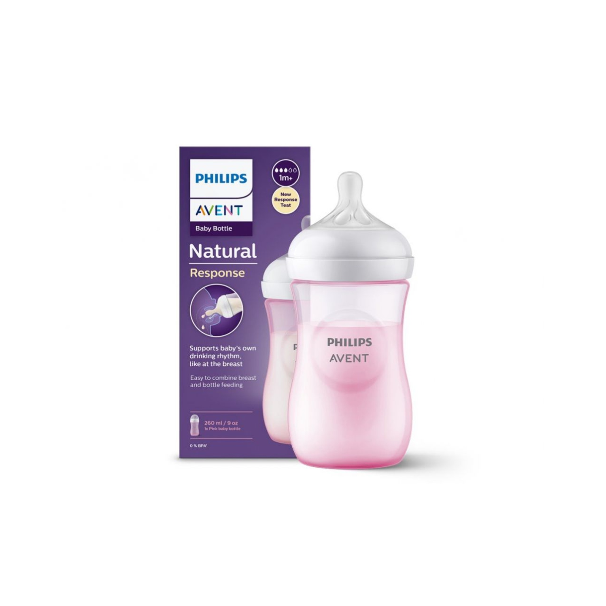 Biberon natural con tettarella a risposta naturale rosa da 260 ml 1m+ |  senza bpa - philips avent - Avent