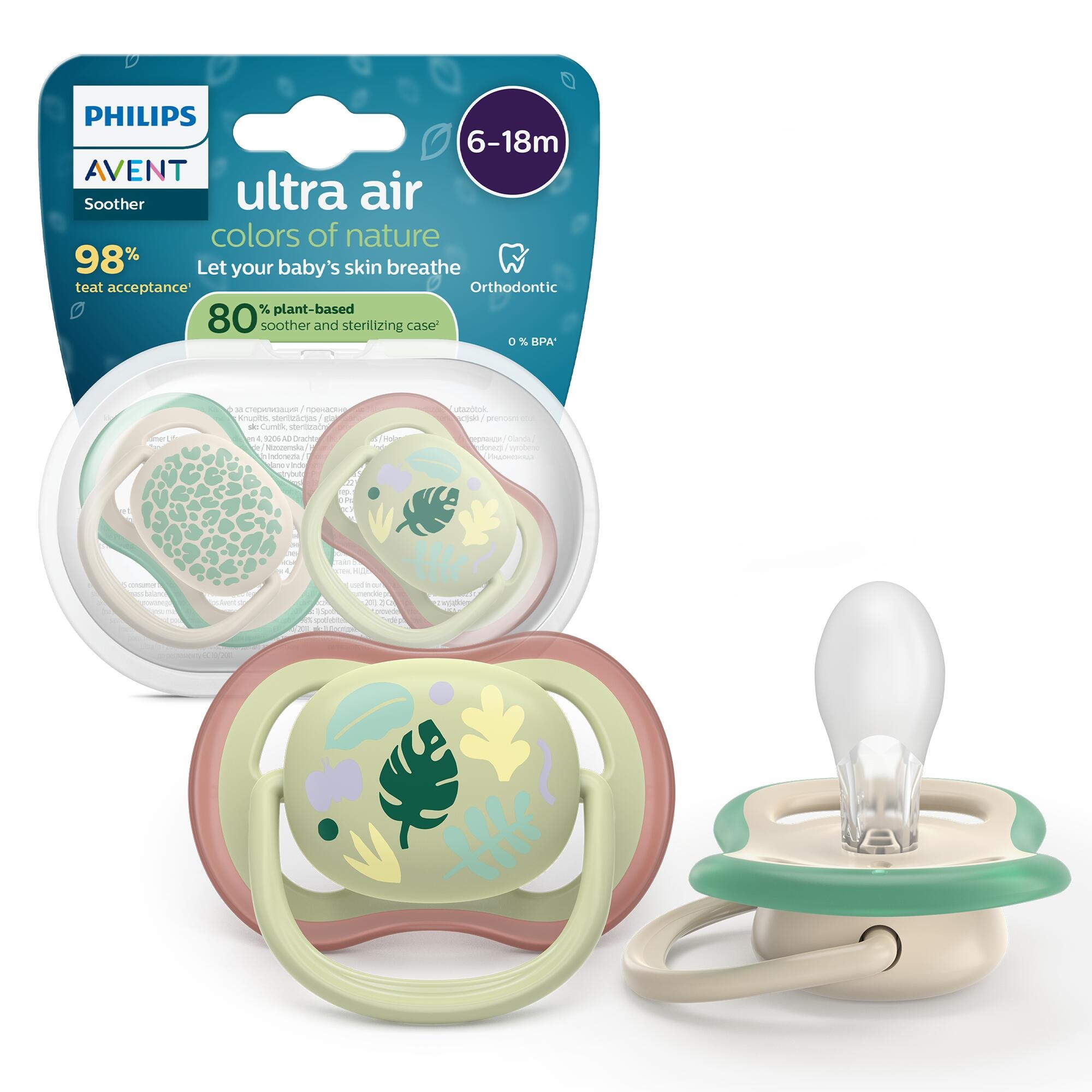 Succhietti ultra air 6-18m   pastello verde e marrone con foglie, a base vegetale - set da 2 ciucci - philips avent - Avent