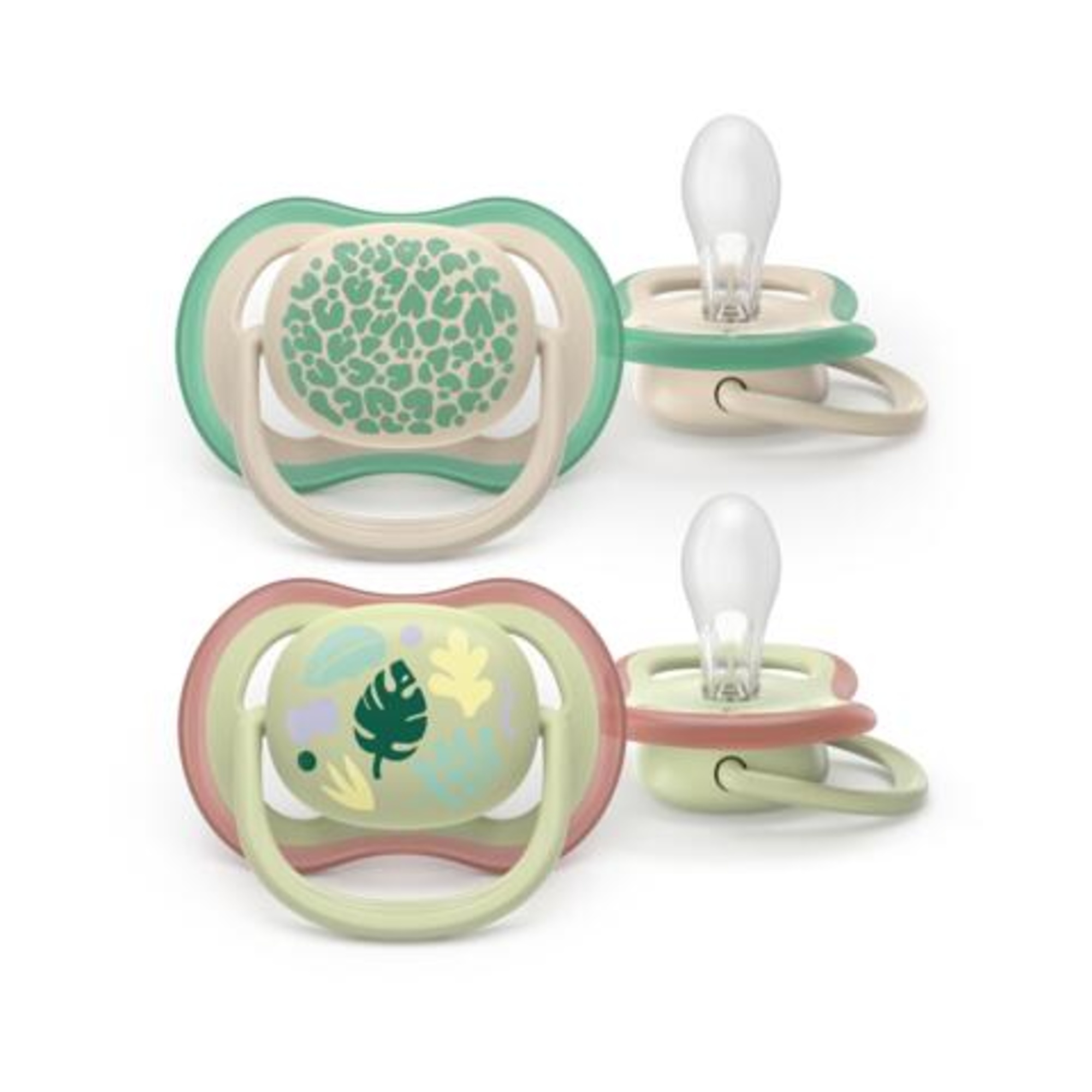 Succhietti ultra air 6-18m   pastello verde e marrone con foglie, a base vegetale - set da 2 ciucci - philips avent - Avent