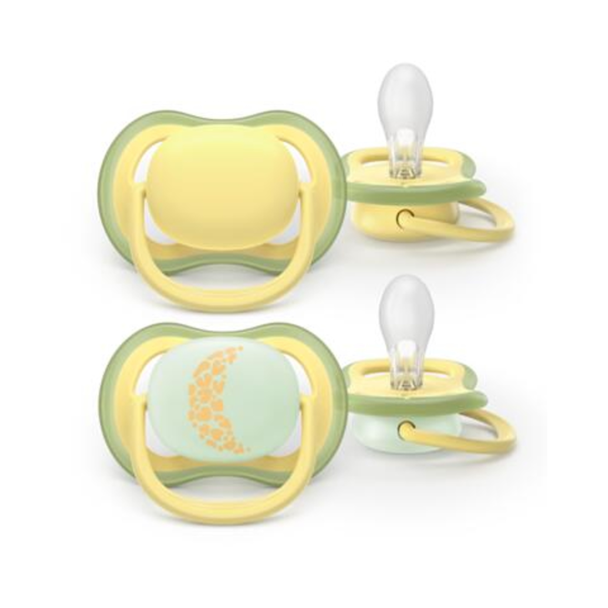 Succhietti ultra air day&night 18m+ pastello giallo e verde con luna, a base vegetale - set da 2 ciucci - philips avent - Avent