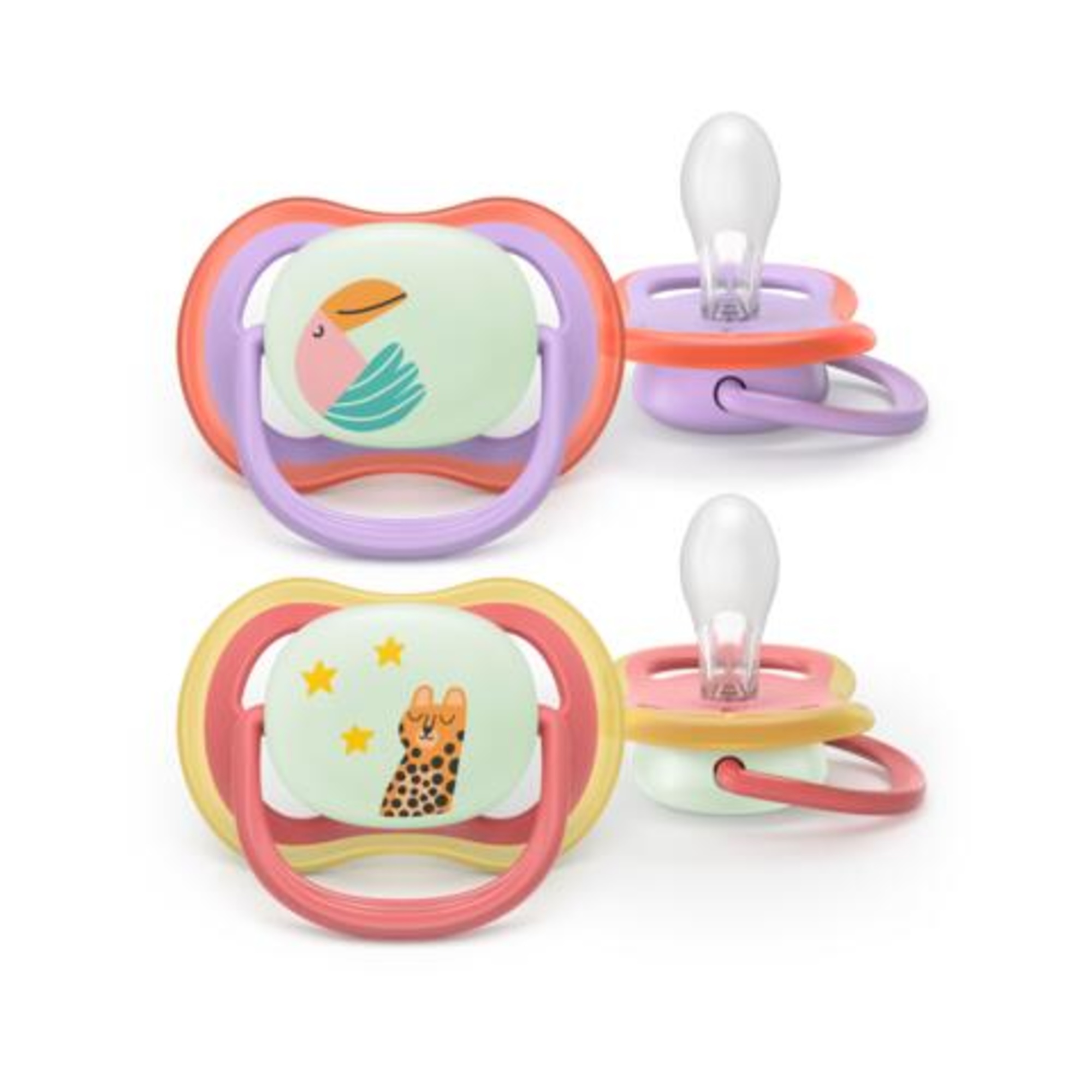 Succhietti ultra air night 18m+ tucano e ghepardo, a base vegetale - set da 2 ciucci - philips avent - Avent