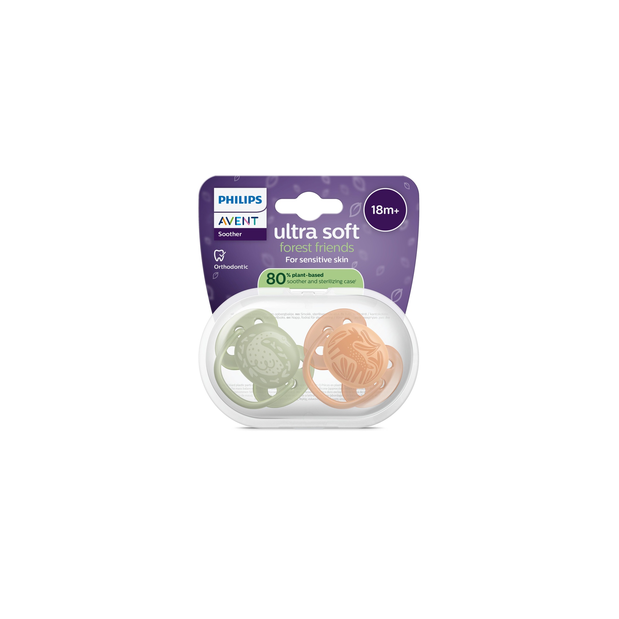 Succhietti ultra soft 18m+ pastello verde e marrone con decorazioni, a base vegetale - set da 2 ciucci - philips avent - Avent