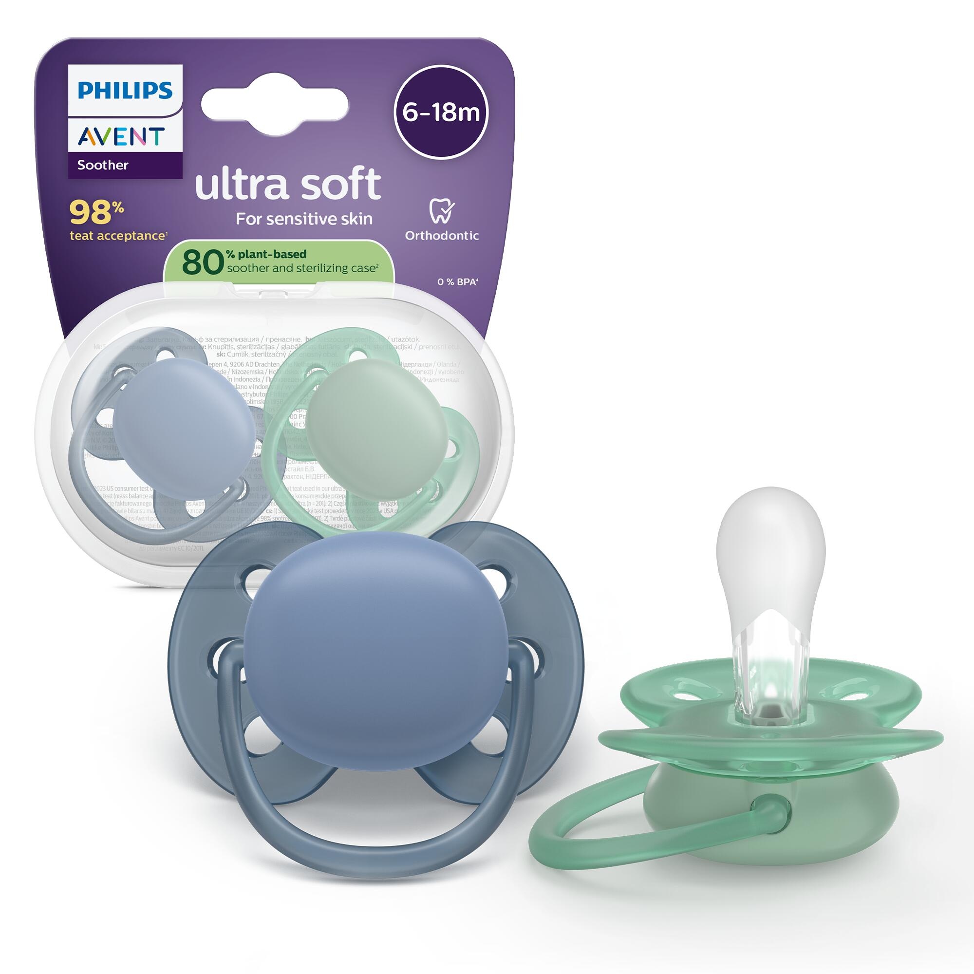 Succhietti ultra soft  6-18m pastello blu e verde, a base vegetale - set da 2 ciucci - philips avent - Avent