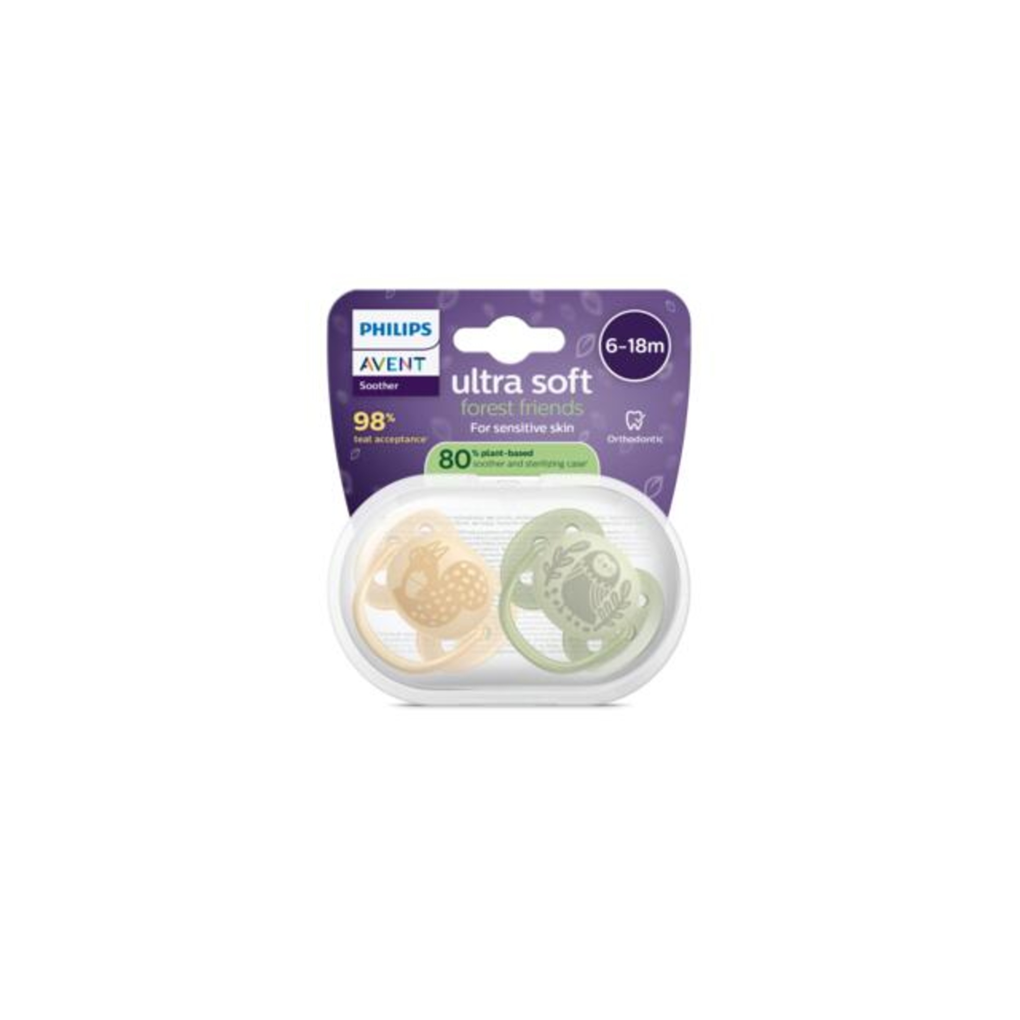 Succhietti ultra soft 6-18m pastello giallo e verde con decorazioni, a base vegetale - set da 2 ciucci - philips avent - Avent